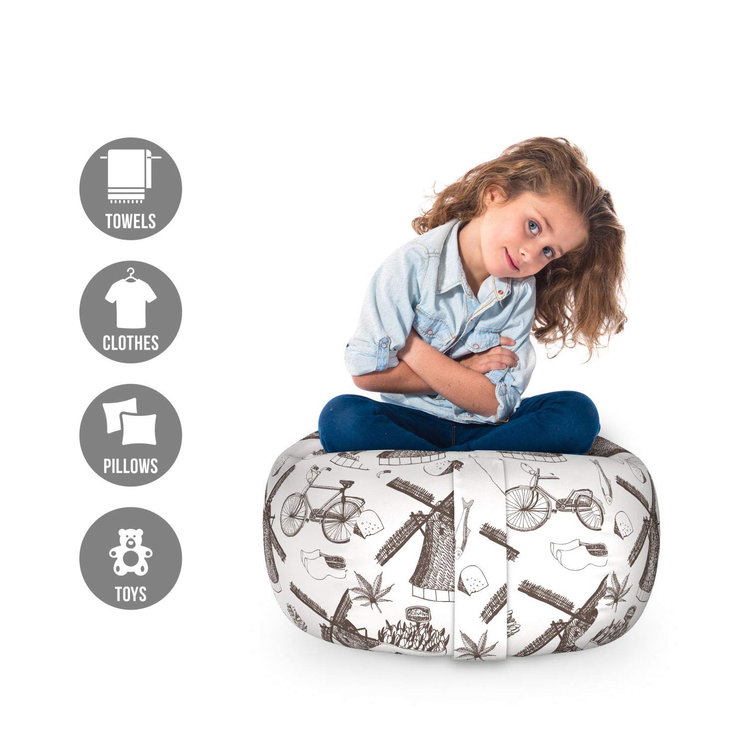 Ambesonne Dutch Windmill & Tulip Toy Storage Bag Chair - Hand Drawn Netherlands Design, Washable Stuffed Animal Organizer, Small Size Brown & White - Perfect for Kids' Room, Nursery & Playroom Organization