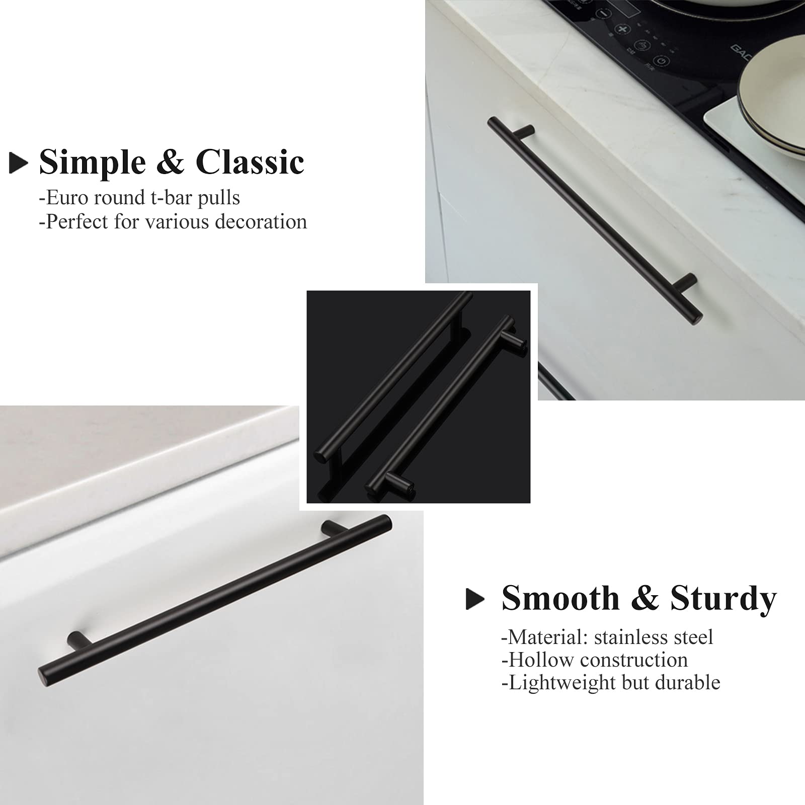 50 Pack 8.8 Inch Matte Black Stainless Steel Cabinet Pulls - Modern Kitchen Drawer Handles, Cupboard & Bathroom Cabinet Hardware for Home & Office (Euro Bar Design, Durable & Stylish)