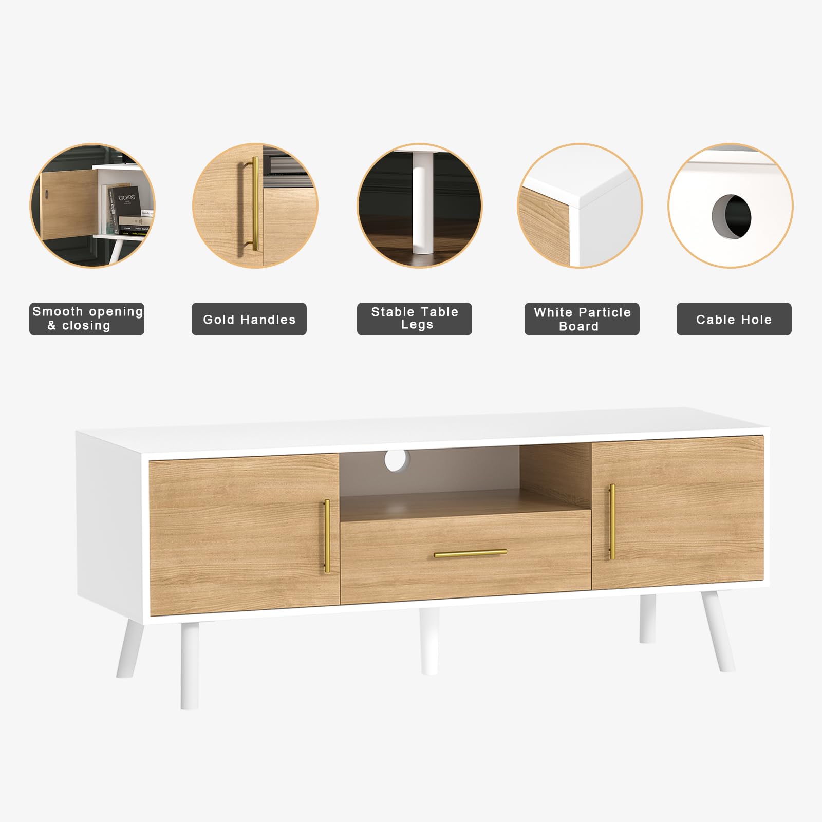 Giluta Modern 55 Inch TV Stand with Storage - White & Oak Finish TV Table, Media Console with Drawers for Living Room & Bedroom - Perfect Entertainment Center for Home Theater Setup