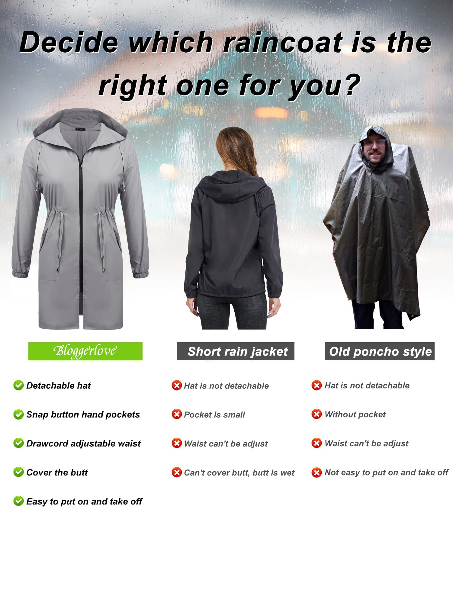 IN'VOLAND Women's Plus Size Lightweight Waterproof Rain Jacket with Hood & Pockets - Long Windbreaker Raincoat for Outdoor Activities, Commuting & Travel