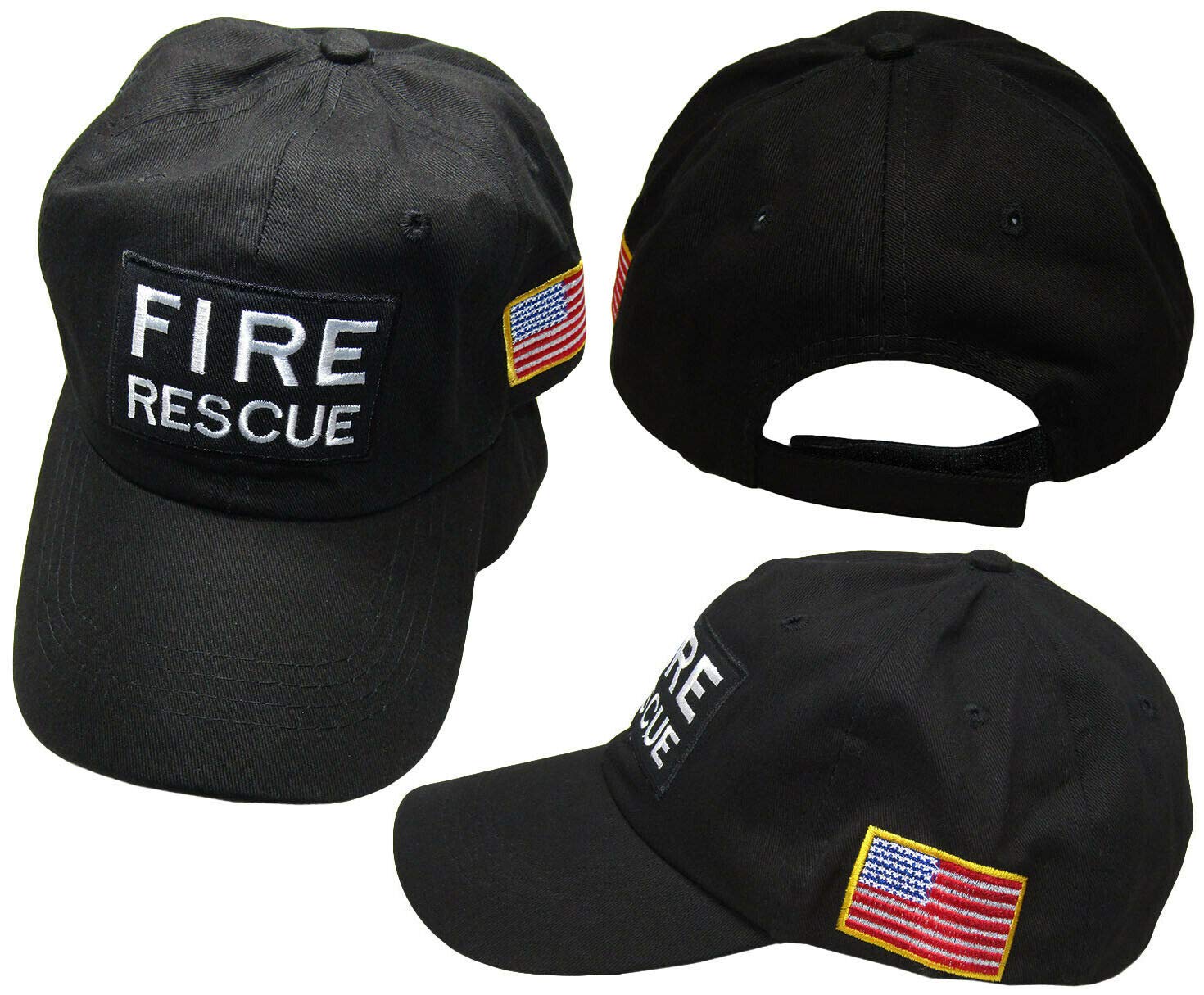 Trade Winds Fire Rescue Embroidered Baseball Cap with USA Flag Patch - Black Firefighter Hat for First Responders, EMS, and Fire Department Personnel