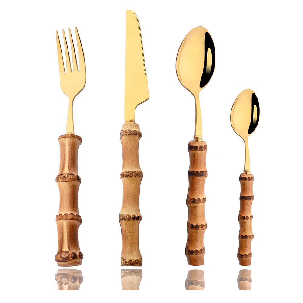 Premium 48-Piece Bamboo Handle Silverware Set for 12 - 18/8 Stainless Steel Golden Flatware Cutlery Set with Natural Bamboo Handles - Dishwasher Safe Kitchen Utensils for Everyday Dining, Dinner Parties & Gifts