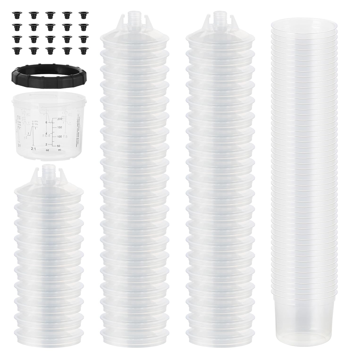 200ML/6.7OZ Disposable Paint Spray Gun Cups Kit - 50 Cup Liners, 50 Lids, 20 Sealing Plugs, 1 Retainer Ring & 1 Hard Cup for Automotive Painting - Perfect for Auto Body Repair, DIY Projects & Professional Spray Painting
