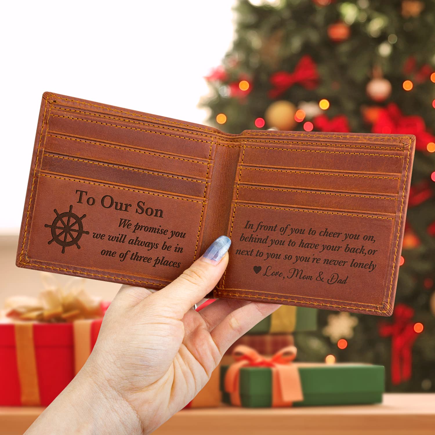 Personalized Leather Wallet for Son - Engraved Gift from Mom & Dad | Christmas, Birthday, Graduation Present | Durable RFID-Blocking Mens Wallet for Everyday Use & Special Occasions