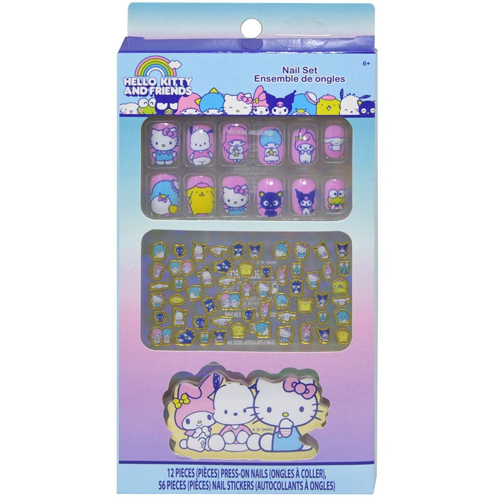 Hello Kitty Press-On Nails for Kids - 12 Piece Stick-On Nails Kit with Nail Art Stickers | Cute Artificial Nails for Girls Birthday Party, Play Date & Dress Up