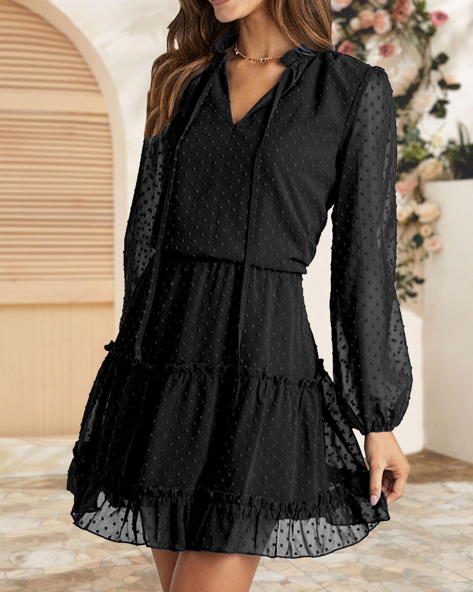 BTFBM Women's Casual Summer Spring Dress 2025 - Tie Neck Long Sleeve High Waist Tiered Ruffle A-Line Swing Mini Tunic Dress for Beach, Party & Daily Wear