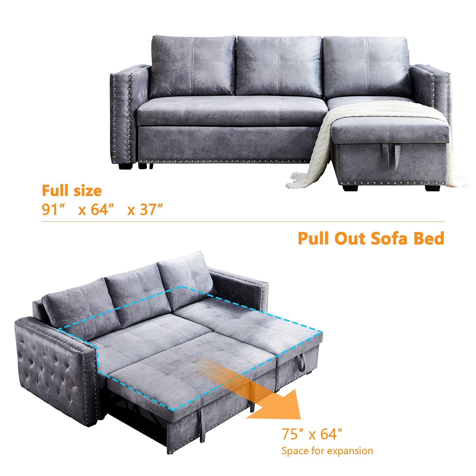 DEINPPA 3-Seat Sleeper Sectional Sofa with Pull-Out Bed - Reversible L-Shape Storage Chaise, Dark Gray Velvet Upholstery & Nailhead Trim - Perfect for Small Spaces, Apartments & Guest Rooms