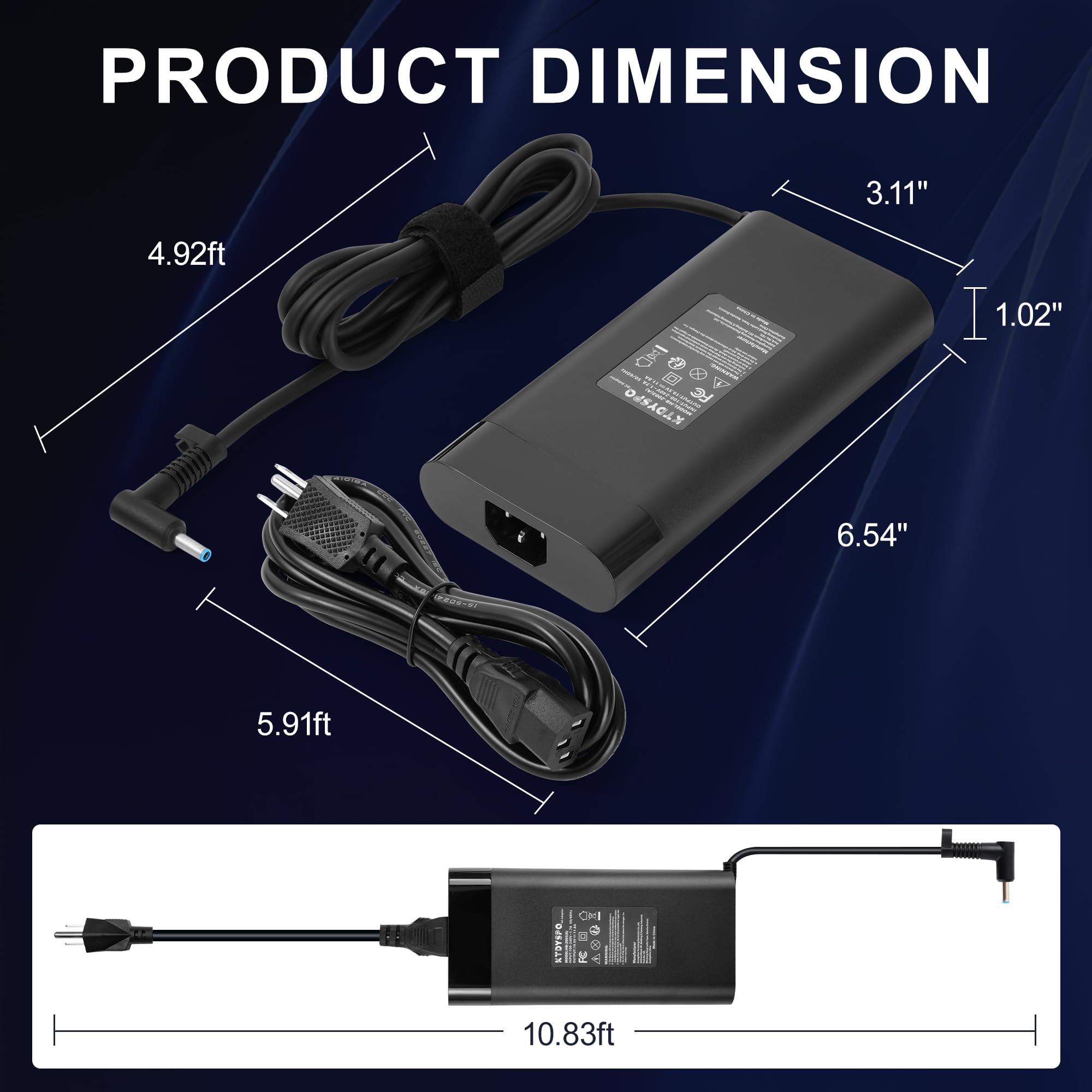 200W HP Laptop Charger for Omen 17 5100, Pavilion Gaming, ZBook Studio 16, Envy 16t-h000 - Fast Charging Power Adapter with Smart Blue Tip | Durable & Safe | Perfect for Gaming, Work & Travel