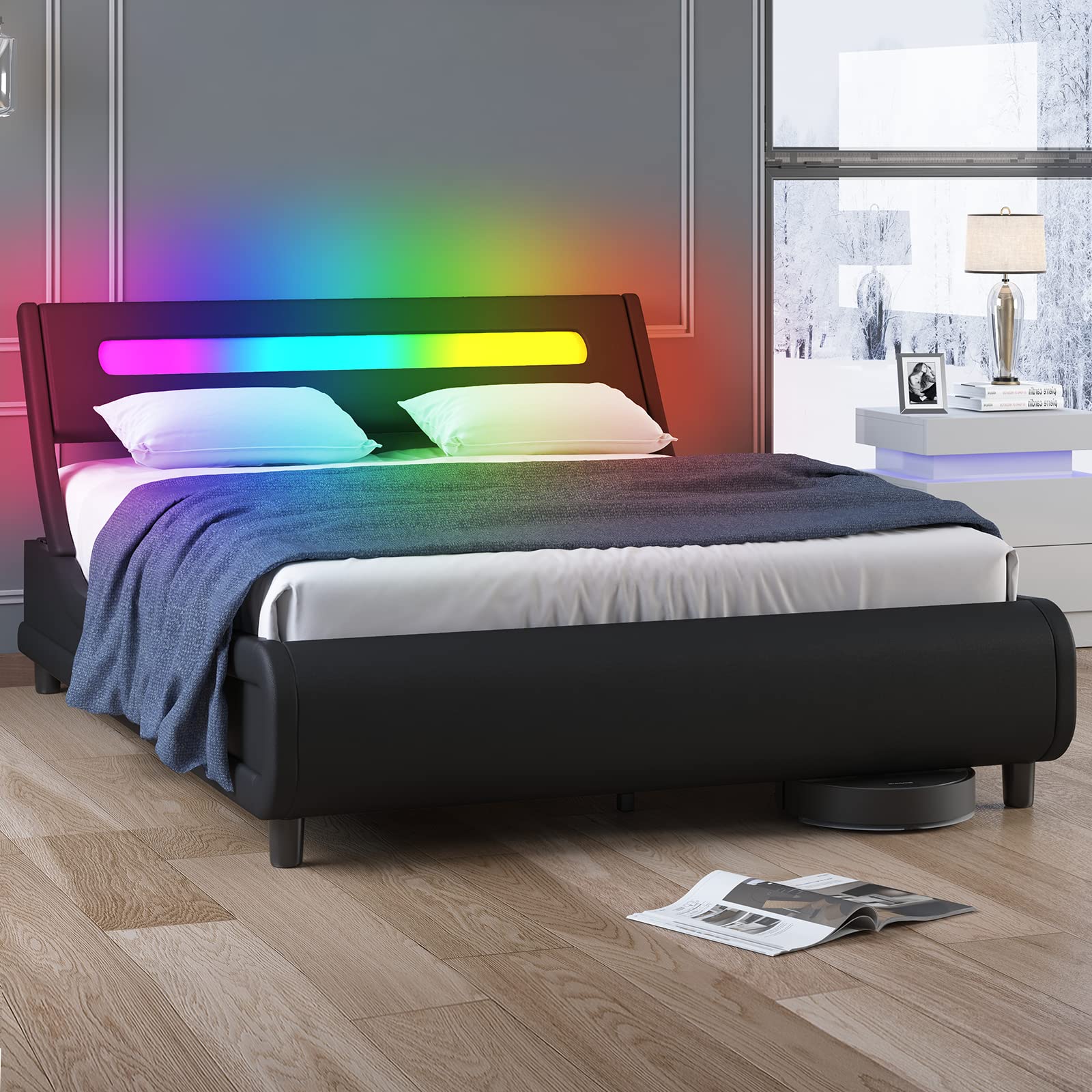 Modern LED Queen Size Bed Frame - Upholstered Platform Bed with PVC Headboard & Wooden Slats Support, No Box Spring Needed - Durable Sleigh Design for Bedroom, Guest Room, or Apartment - Black