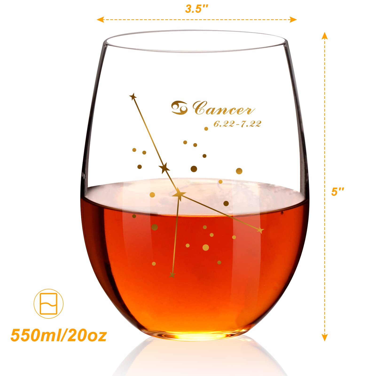 HOHY 20 Oz Stemless Wine Glass with Cancer Constellation Design - Golden Zodiac Gift for Women, June Birthday Present - Perfect for Wine Tasting, Parties, and Astrology Lovers