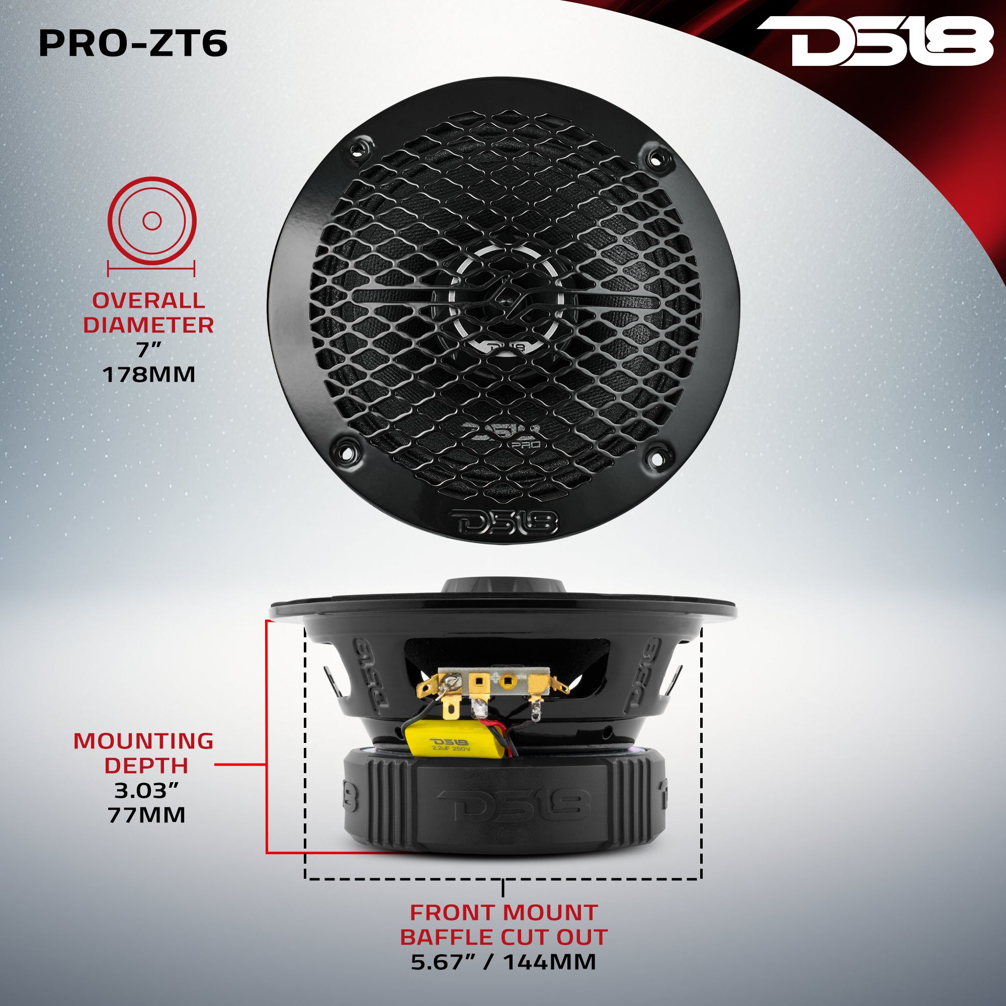 PRO ZT 6.5 Inch Coaxial Mid-Range Loudspeaker with Water-Resistant Cone, Built-in Bullet Tweeter & Grill - 225 Watts RMS, 4 Ohm - Perfect for Marine Audio, Car Stereo & Outdoor Sound Systems