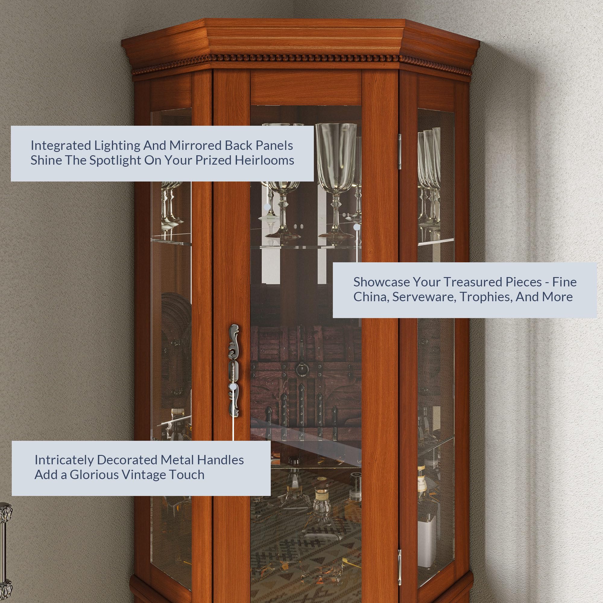 BELLEZE Lighted 3-Side Glass Display Curio Cabinet with Tempered Glass Doors & Shelves, Wooden Corner Cabinet with LED Bulbs - Perfect for Living Room Decor, Showcasing Collectibles, China, or Antiques