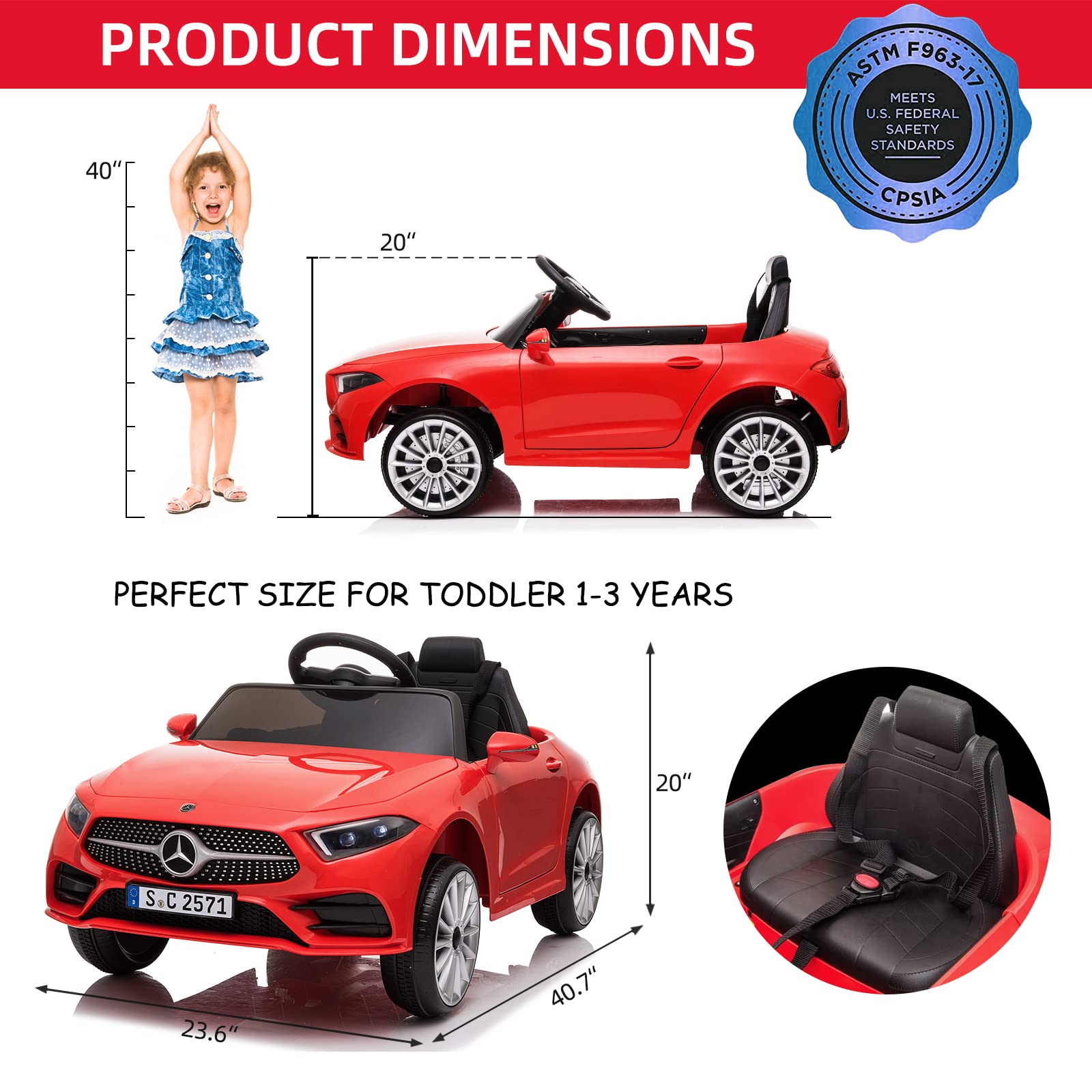 12V Licensed Mercedes Benz Kids Electric Ride-On Car with Remote Control - Adjustable Speed, Safety Belt, Music & LED Lights (Red) - Perfect Birthday Gift & Outdoor Play Toy for Boys & Girls Ages 3-8