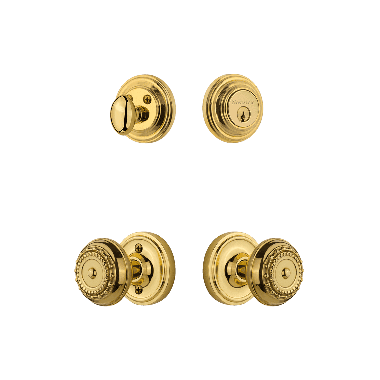 Classic Rosette Entry Set with Meadows Knob in Polished Brass - Vintage Style Door Hardware for Home & Office Decoration | Perfect for Interior Doors, Bedrooms, and Traditional Style Spaces