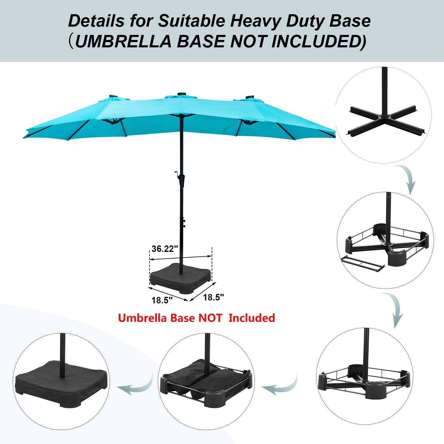 GDY 15Ft Solar Powered Patio Umbrella with 48 LED Lights - Double-Sided Aluminum Outdoor Market Umbrella in Blue - Perfect for Backyard, Poolside, and Outdoor Dining Areas