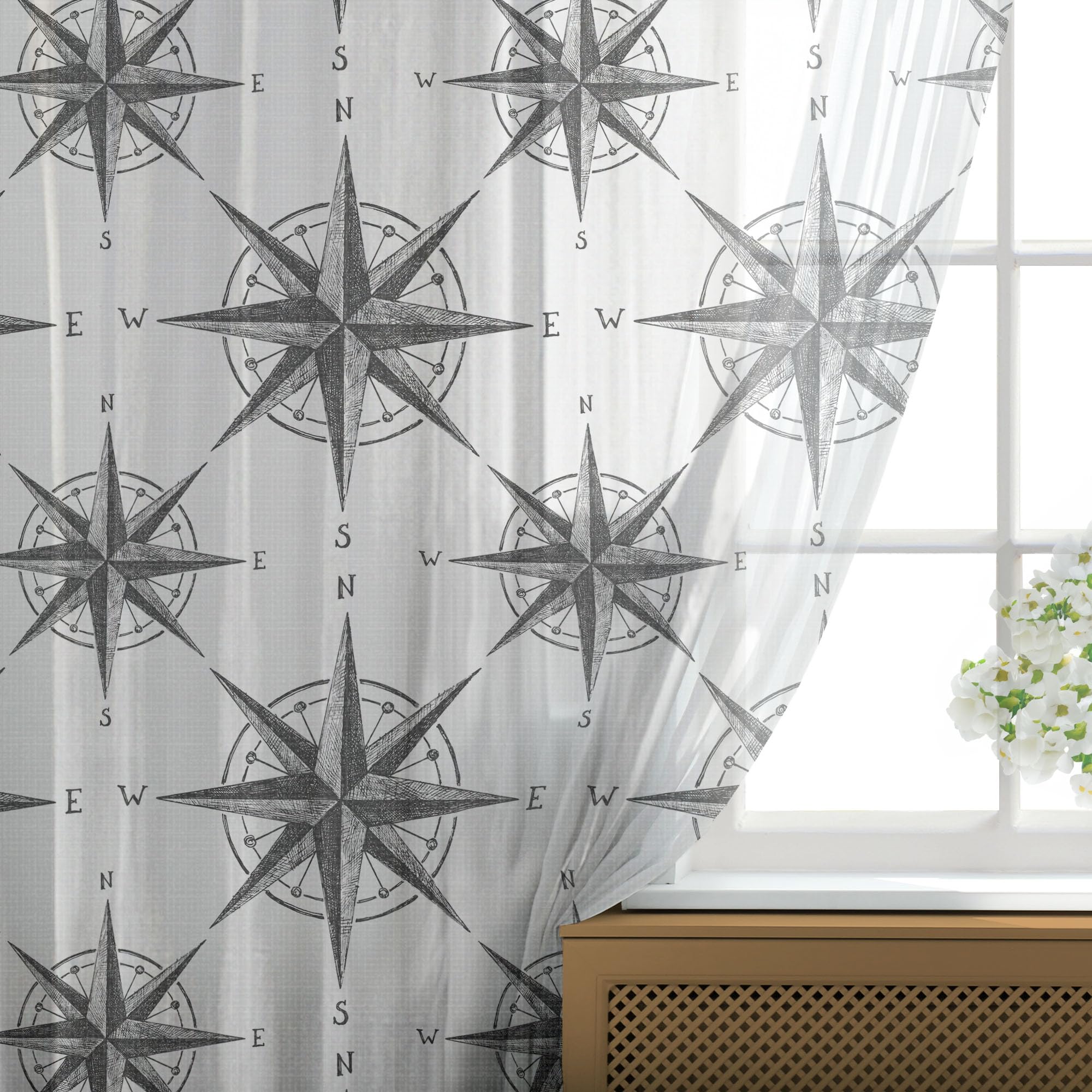 Ambesonne Compass Tulle Curtains - Black & White Nautical Windrose Design, Sheer Window Drapes with Rod Pocket, 108