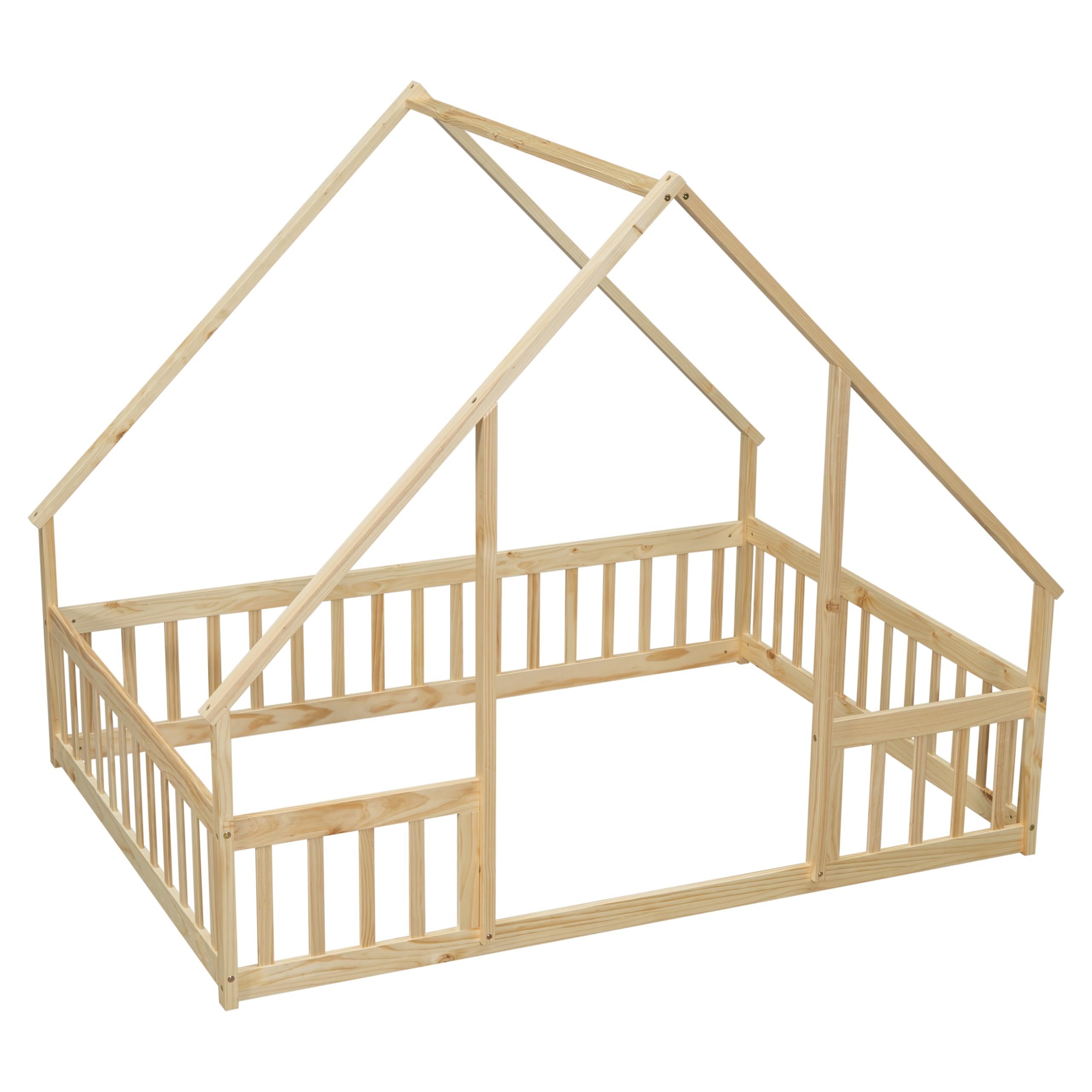 Bellemave Full Size Wooden House Floor Bed for Kids - Montessori Style Playhouse Bed with Safety Fence for Boys & Girls - Natural Wood Toddler Bed for Bedroom, Playroom or Nursery