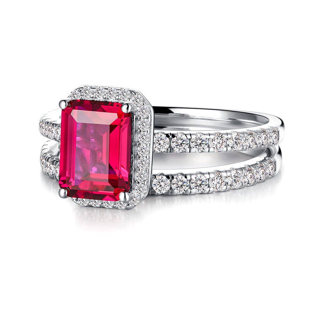 2 CT. Emerald Cut Lab-Grown Ruby Engagement Ring Set with Matching Wedding Band - Perfect for Proposals, Anniversaries & Bridal Jewelry