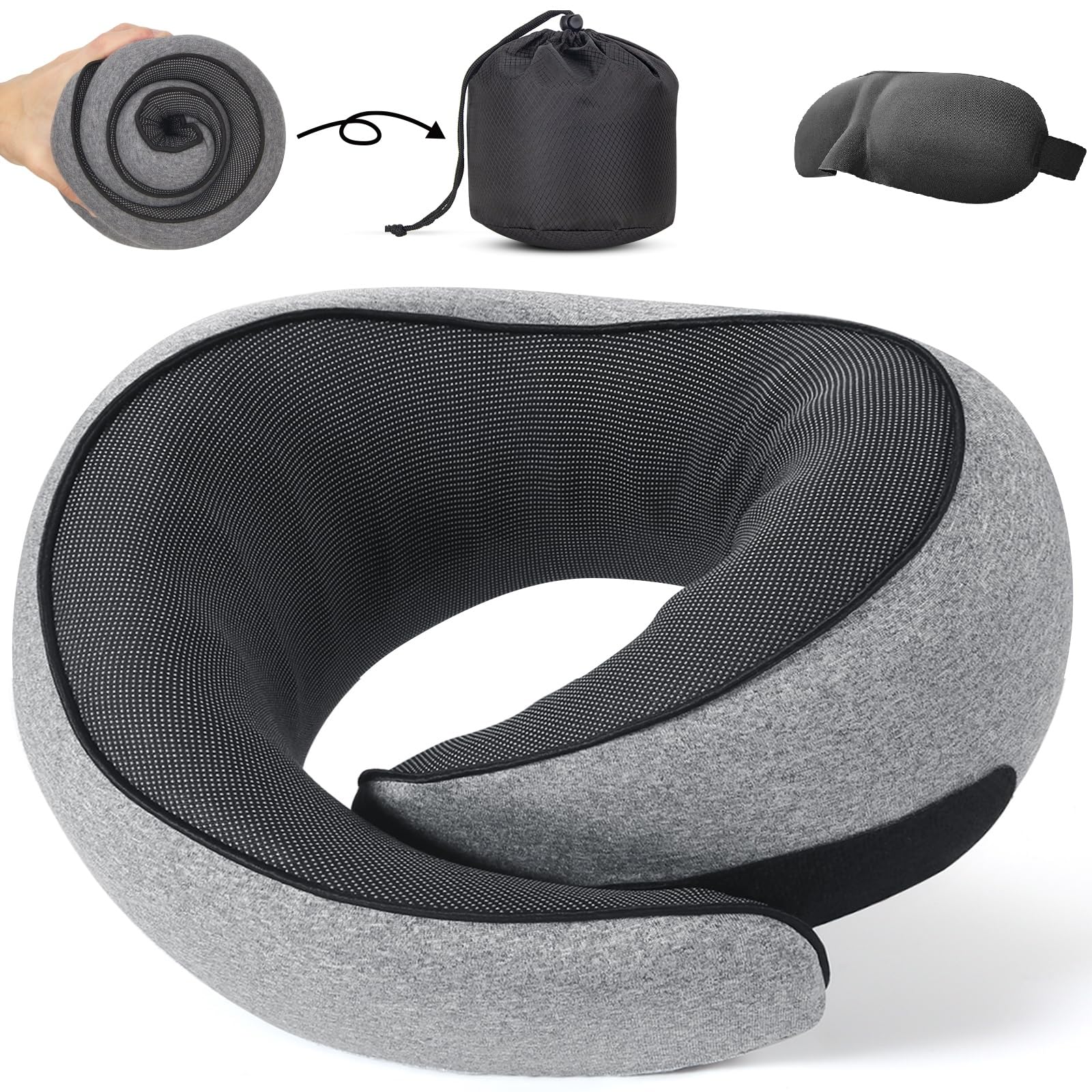 NOCRLG Memory Foam Travel Neck Pillow for Airplanes & Cars - 360° Head Support, Breathable Grey Travel Pillow for Long Flights - Perfect for Business Travel, Road Trips and Overnight Flights