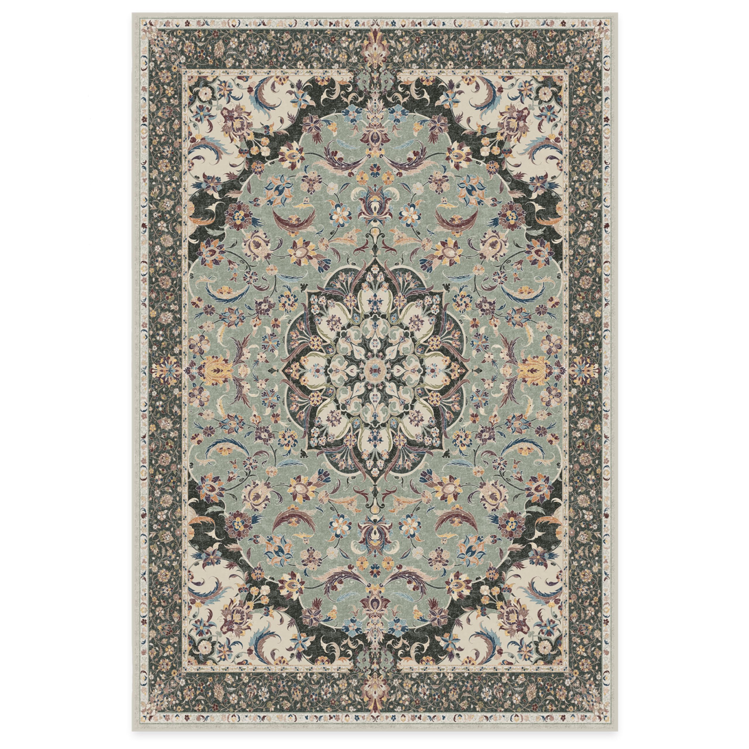 Ruggable Washable 6x9 Area Rug - Sima Sage Vintage Design | Non-Slip Gripper Pad | Premium Machine Washable Rug for Living Room, Bedroom, Kitchen, Office & Classroom | Perfect for High-Traffic Areas & Pet-Friendly Homes
