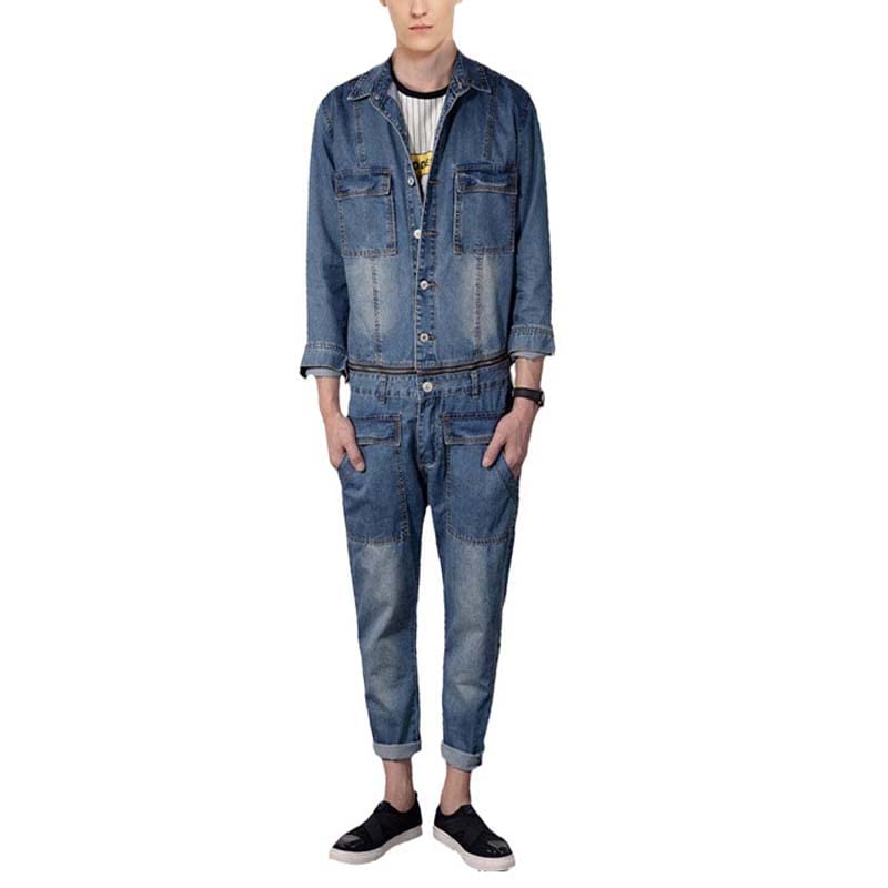 MQMYJSP Men's Streetwear Denim Jumpsuit - Blue Lapel Long Sleeve Overalls with Detachable Waist Jacket & Straight Leg Jeans | Casual Outfit for Urban Fashion, Street Style, and Everyday Wear