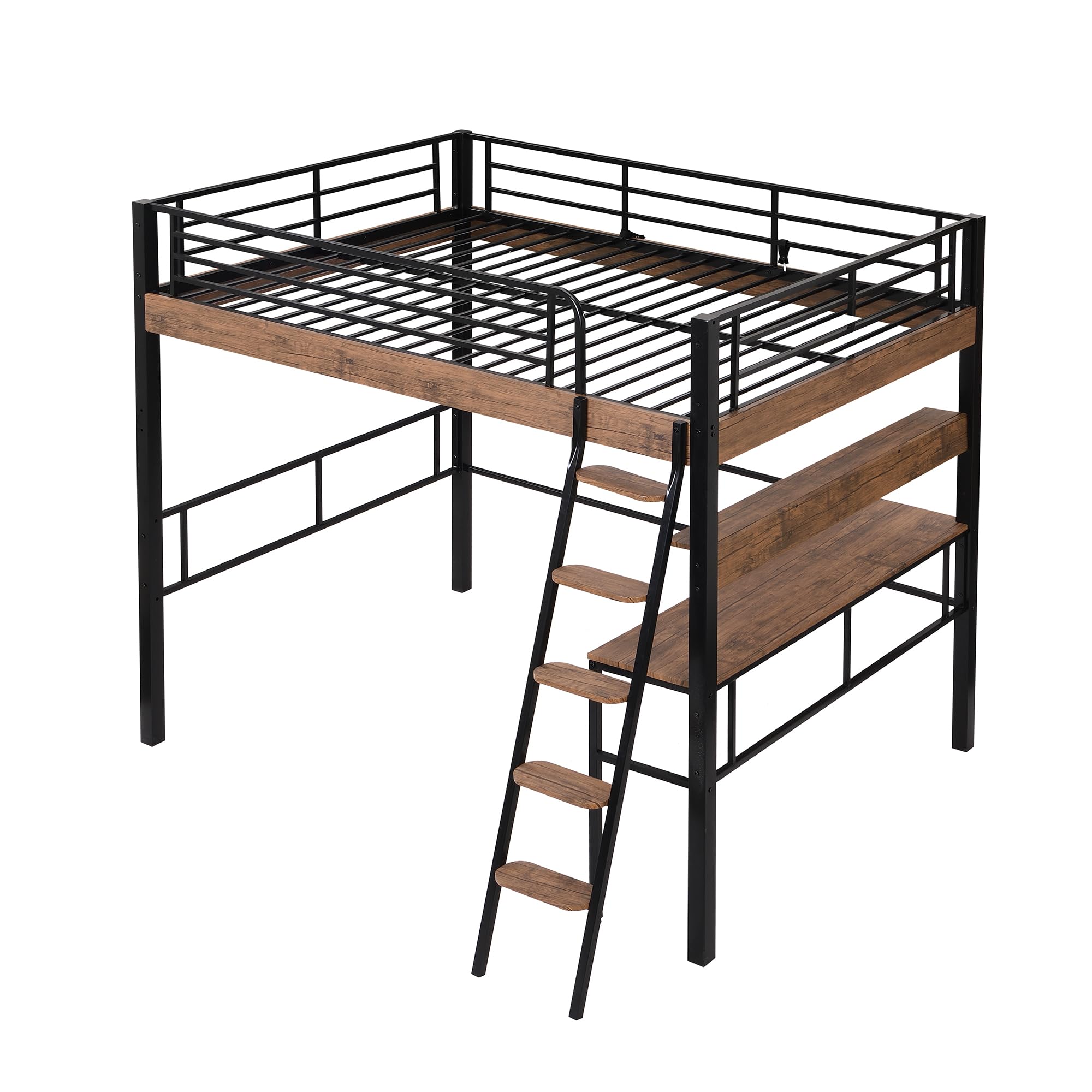 Full Size Loft Bed with Desk & Storage Shelf - Sturdy Metal Frame, Built-in Ladder & Safety Guardrail - Space-Saving Black Loft Bed for Kids & Teens - Perfect for Small Bedrooms, Dorms & Studio Apartments