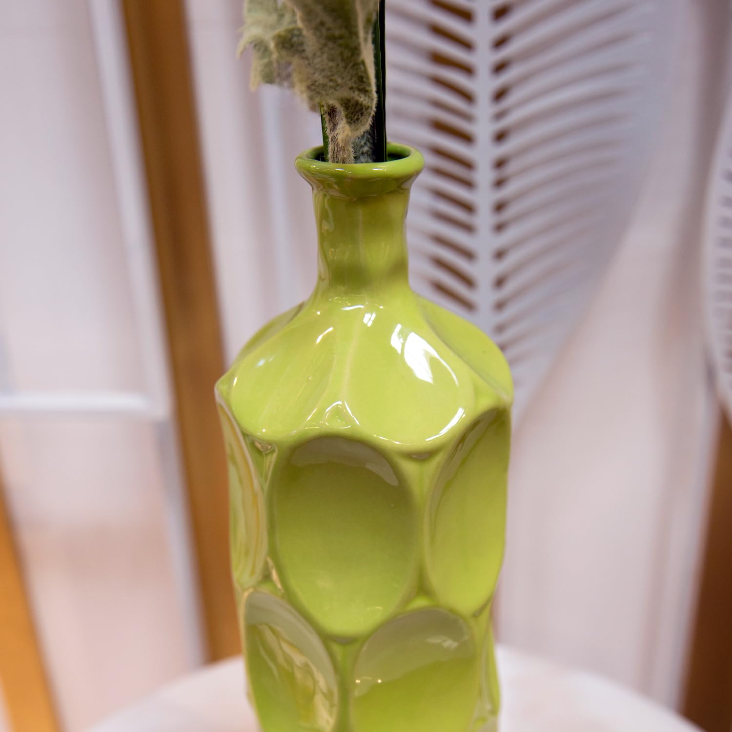 Handmade Ceramic Round Bottle Vase with Dimpled Sides - Small Glossy Green Home Decor for Centerpieces, Wedding Decor & Living Room Accents