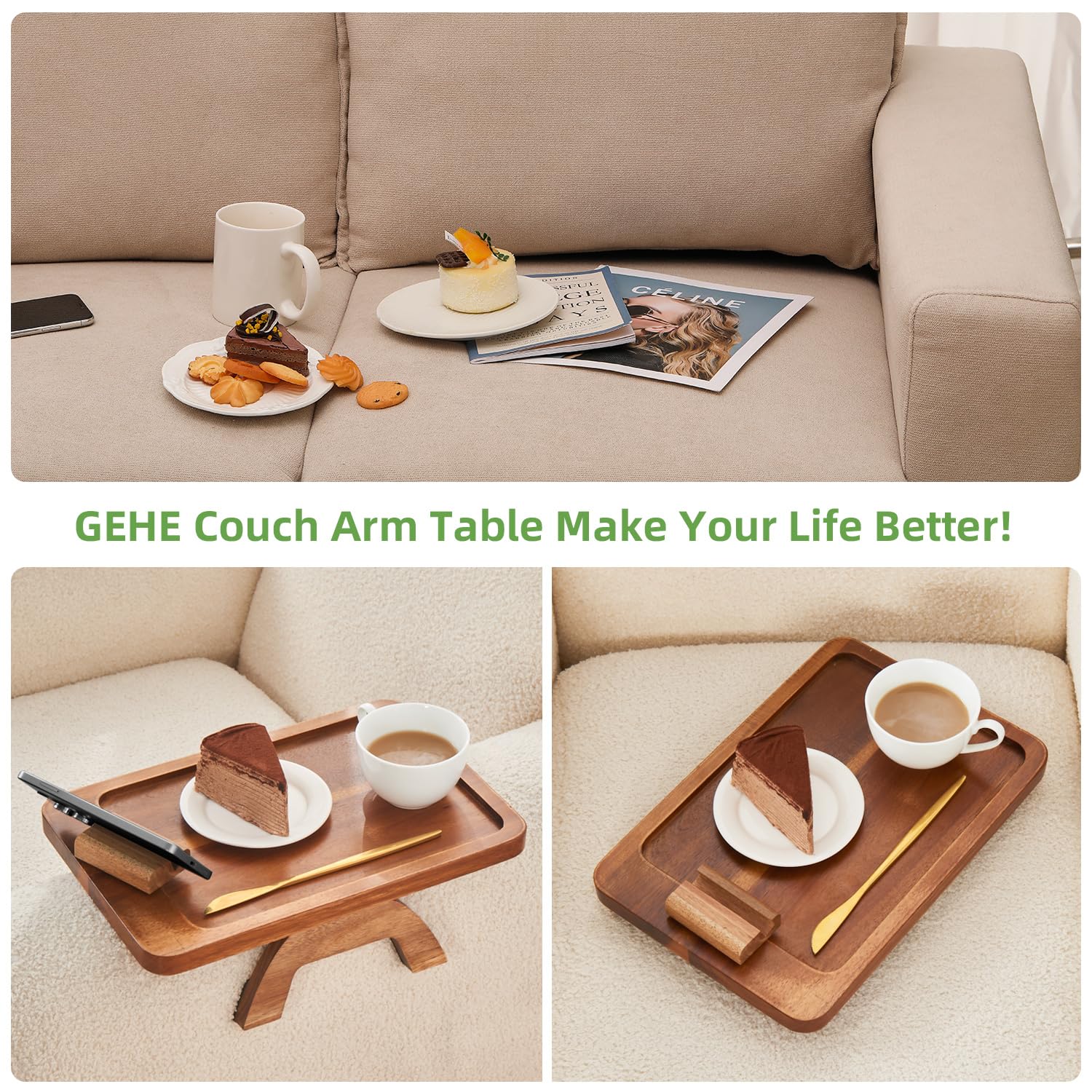 Foldable Acacia Wood Couch Arm Table with Phone Holder - Portable Tray for Eating & Drinks on Wide Couches