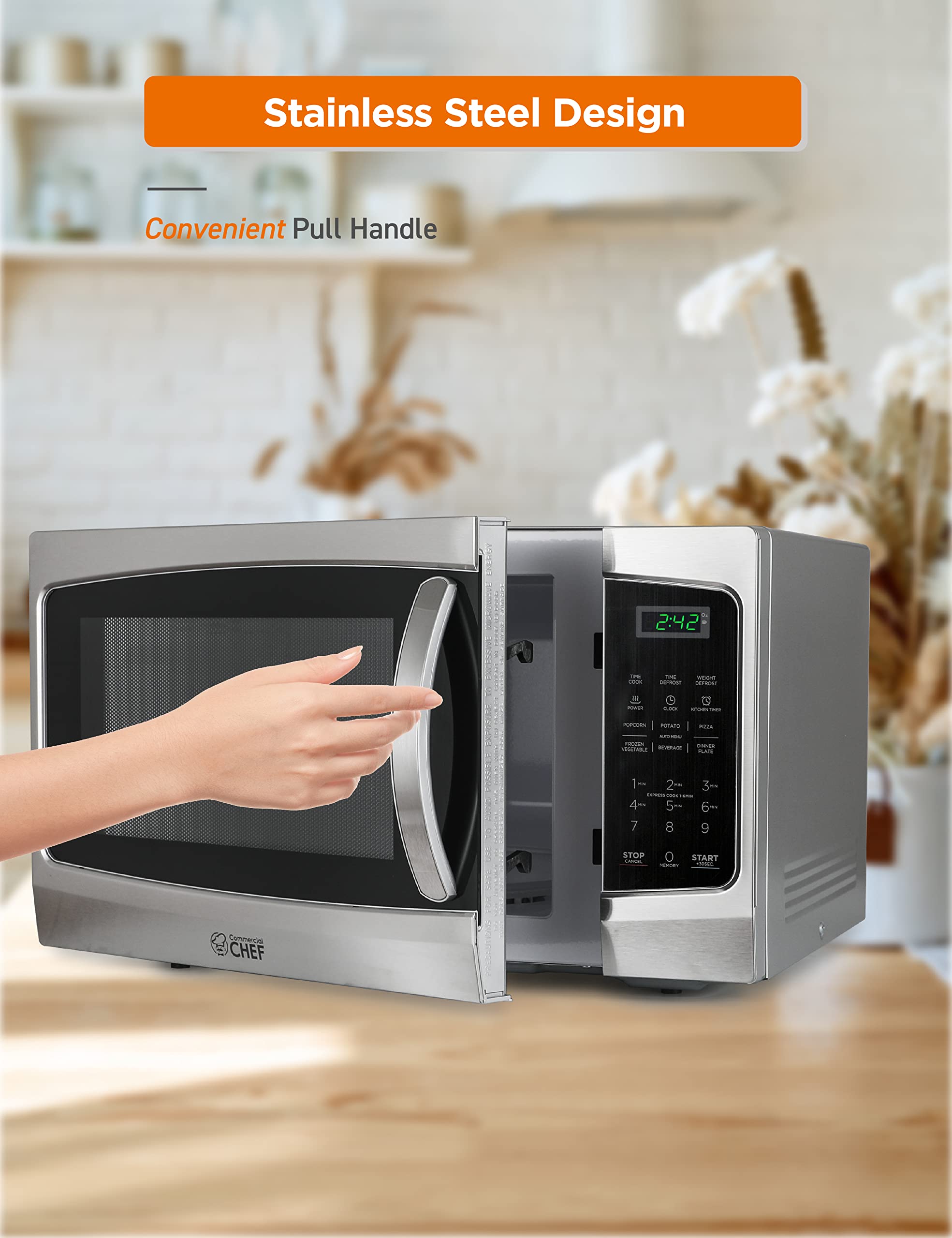 Commercial Chef 1.3 Cu Ft 1000W Stainless Steel Countertop Microwave with 10 Power Levels, Pull Handle Door Lock, Digital Controls & Timer - Perfect for Home Kitchen, Office Breakroom or Dorm Room