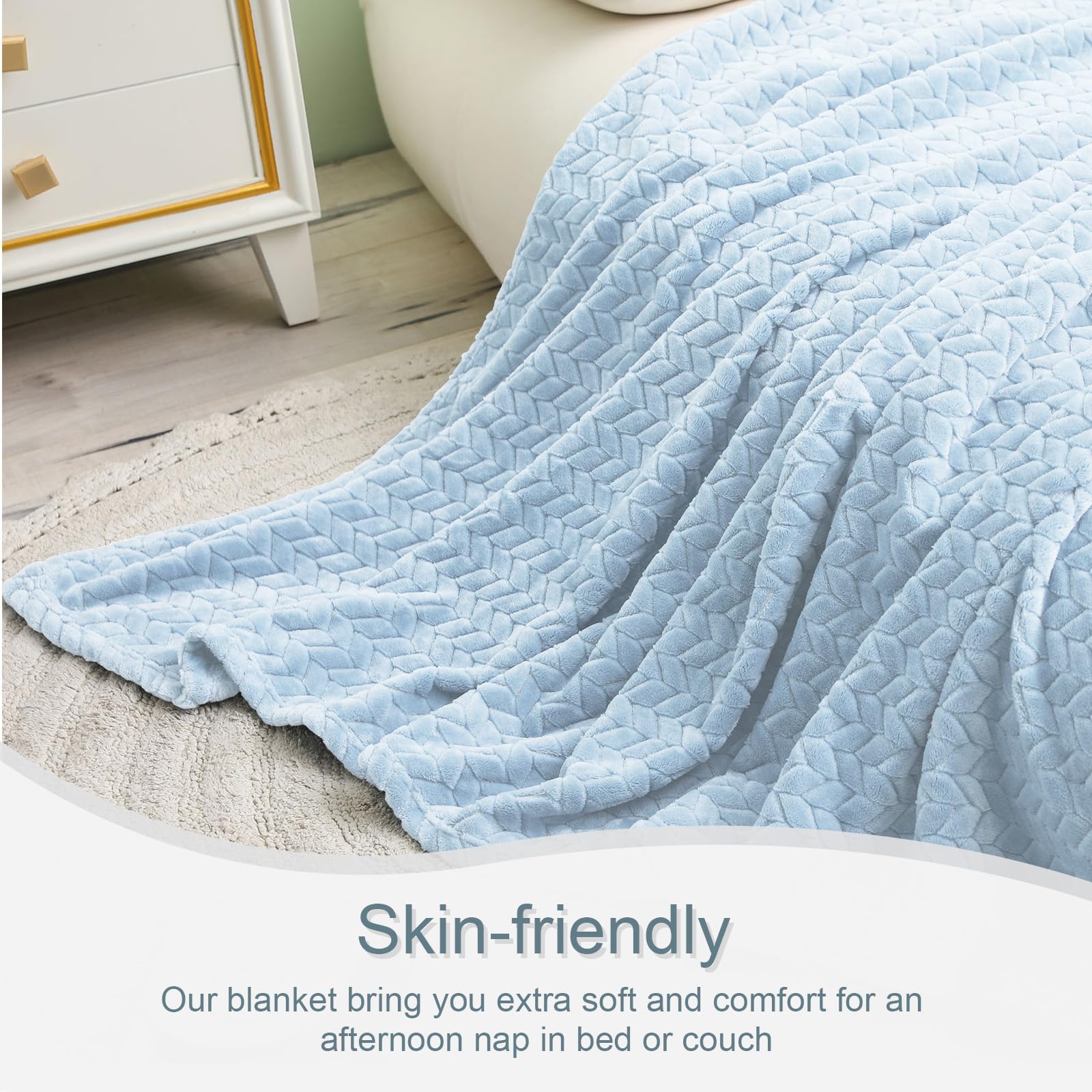 Light Blue Fleece King Size Blanket 90x104 Inches - Soft 3D Jacquard Flannel Blanket, Cozy Lightweight Plush Throw for All Seasons | Perfect for Bed, Couch, Sofa & Home Decor