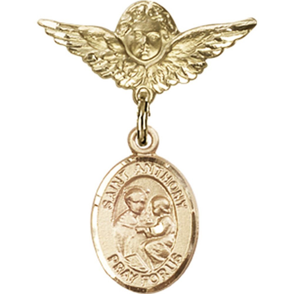 Gold Filled St. Anthony of Padua Charm & Angel Wing Badge Pin - 1 x 3/4 Inch Religious Jewelry for Baby Baptism, First Communion & Gift Giving