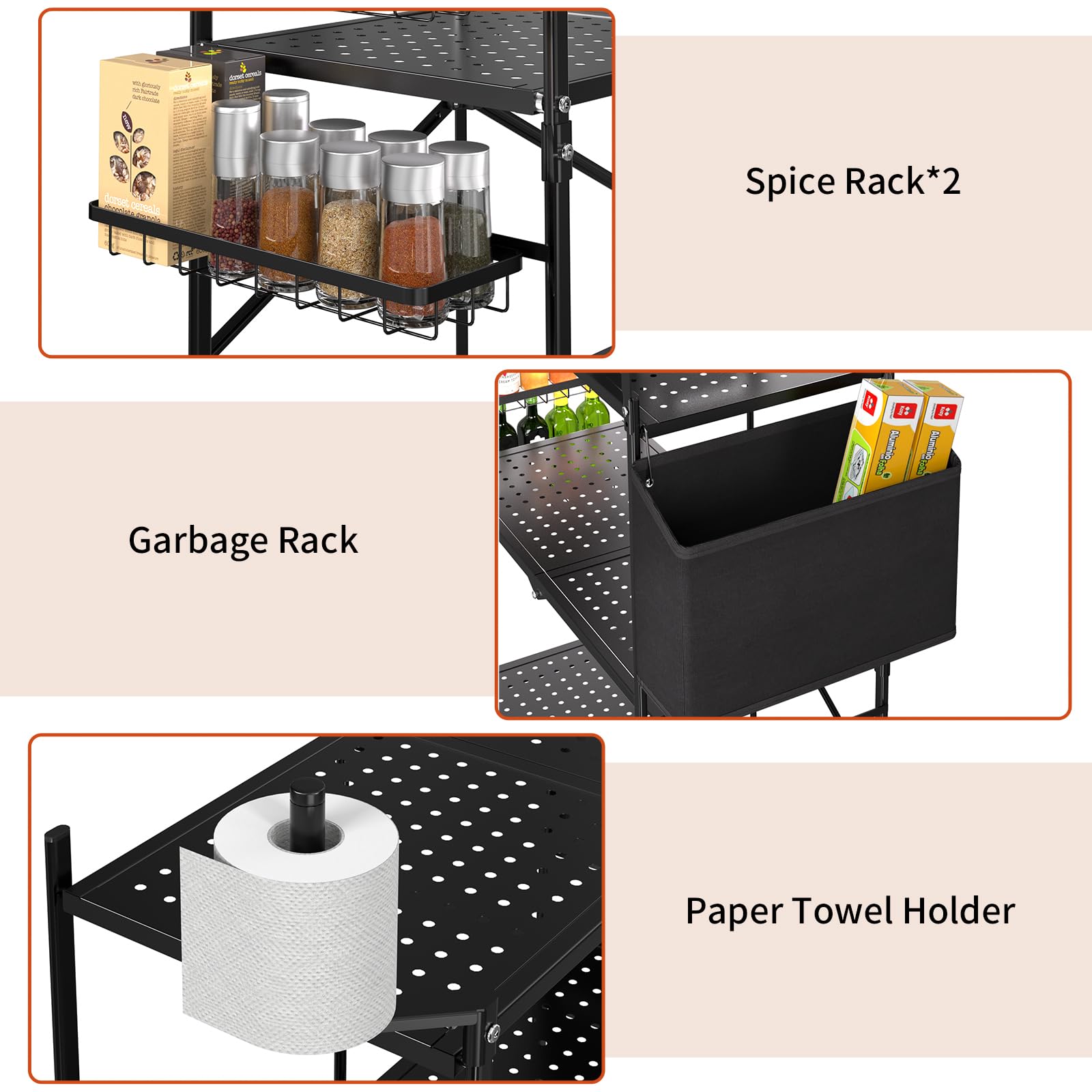 Foldable 3-Tier Outdoor Grill Cart with Locking Casters - Portable BBQ Table, Pizza Oven Stand & Folding Kitchen Island for Patio, Backyard & Camping - Black