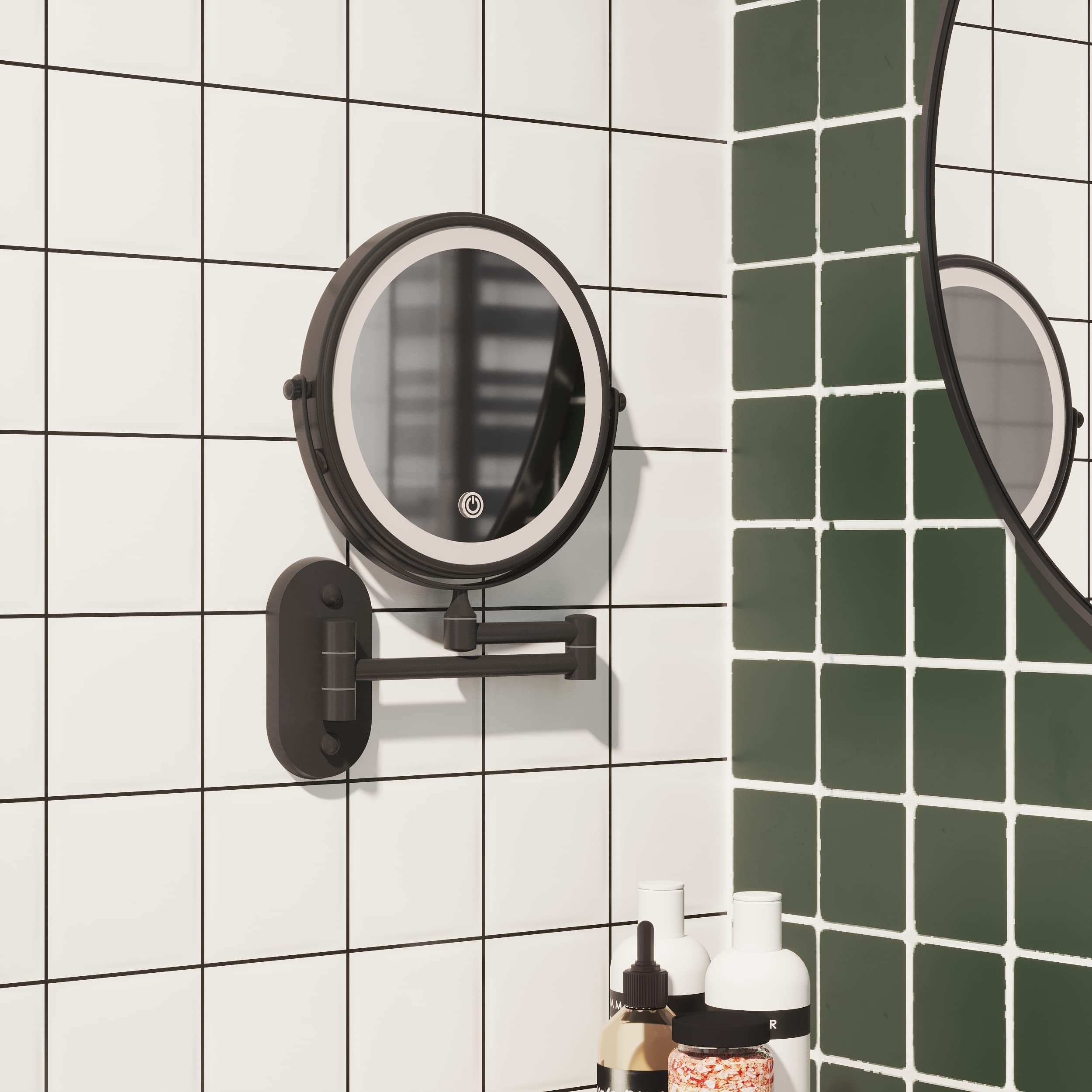 Rechargeable Makeup Mirror with LED Lights - 8 Inch Double Sided Vanity Mirror (1x/10x Magnification) - Matte Black Stainless Steel & Zinc Alloy Wall Mounted Mirror for Bathroom, Bedroom, and Dressing Room