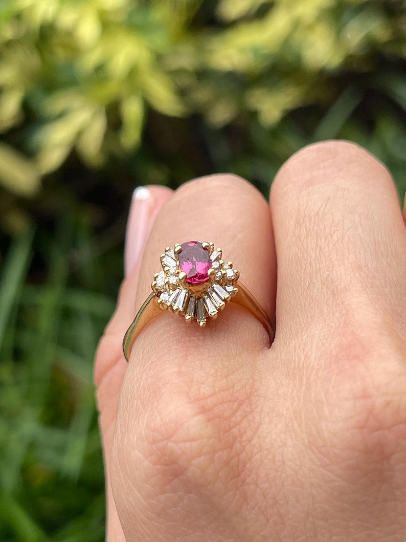1.42tcw 14K Gold Rubellite Tourmaline & Diamond Ballerina Ring for Women - Elegant Statement Jewelry for Weddings, Anniversaries & Special Occasions