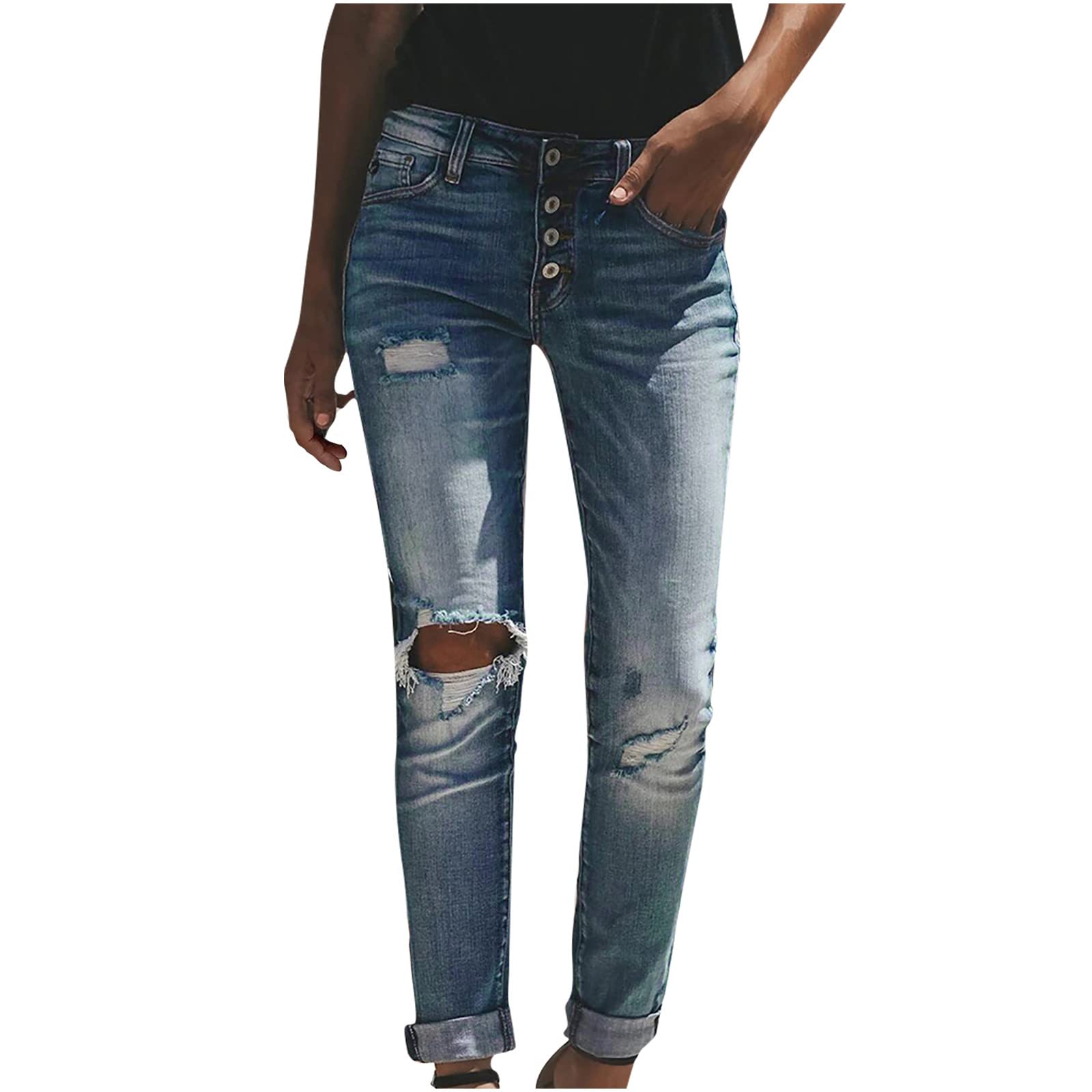 ADTT Women's Casual Modern Boyfriend Jeans - Mid Waist Button Front Tapered Fit for Everyday Wear, Office & Weekend Outings