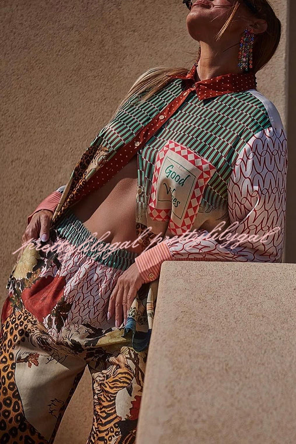 Tropical Jungle Tiger Print Long Sleeve Loose Shirt & Elastic Waist Pants Set - Stylish Animal Print Outfit for Women, Casual Wear, Vacation Outfits, and Street Fashion