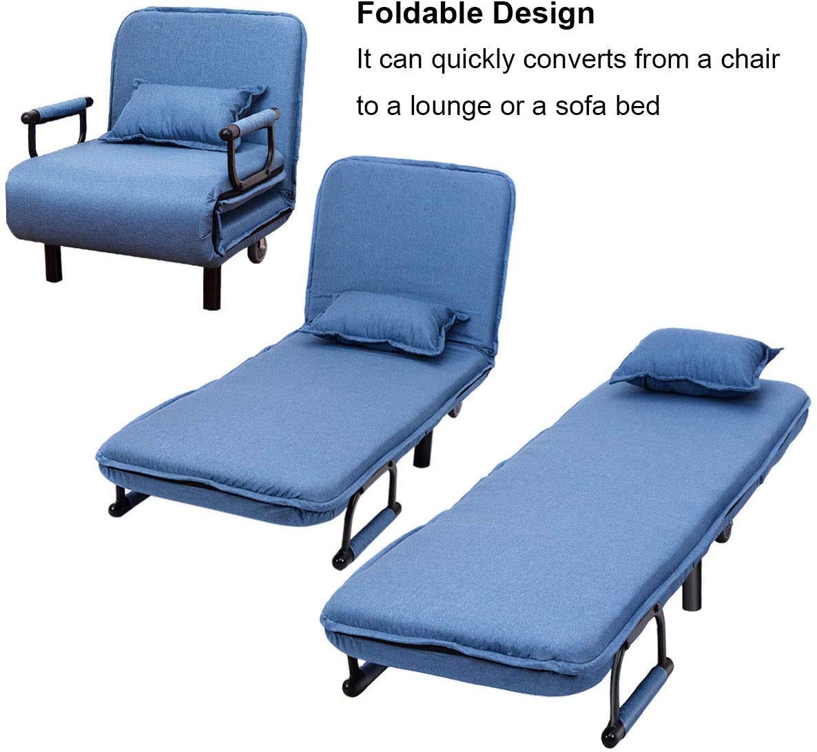 ReunionG Convertible Sleeper Sofa Chair Bed - 5-Position Adjustable Backrest with Pillow, Foldable Arm Lounge Couch for Living Room, Bedroom & Home Office | Perfect for Small Spaces, Guest Sleeping & Relaxing (Blue)