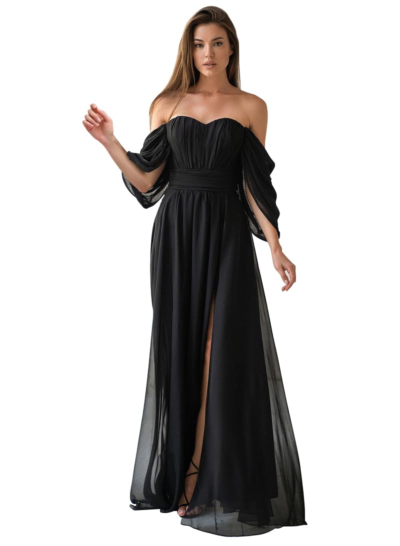 Elegant Off Shoulder Black Maxi Dress for Women - Ruched Plus Size Wedding Guest & Bridesmaid Dress (US 16W) | Perfect for Fall Weddings, Formal Events & Special Occasions
