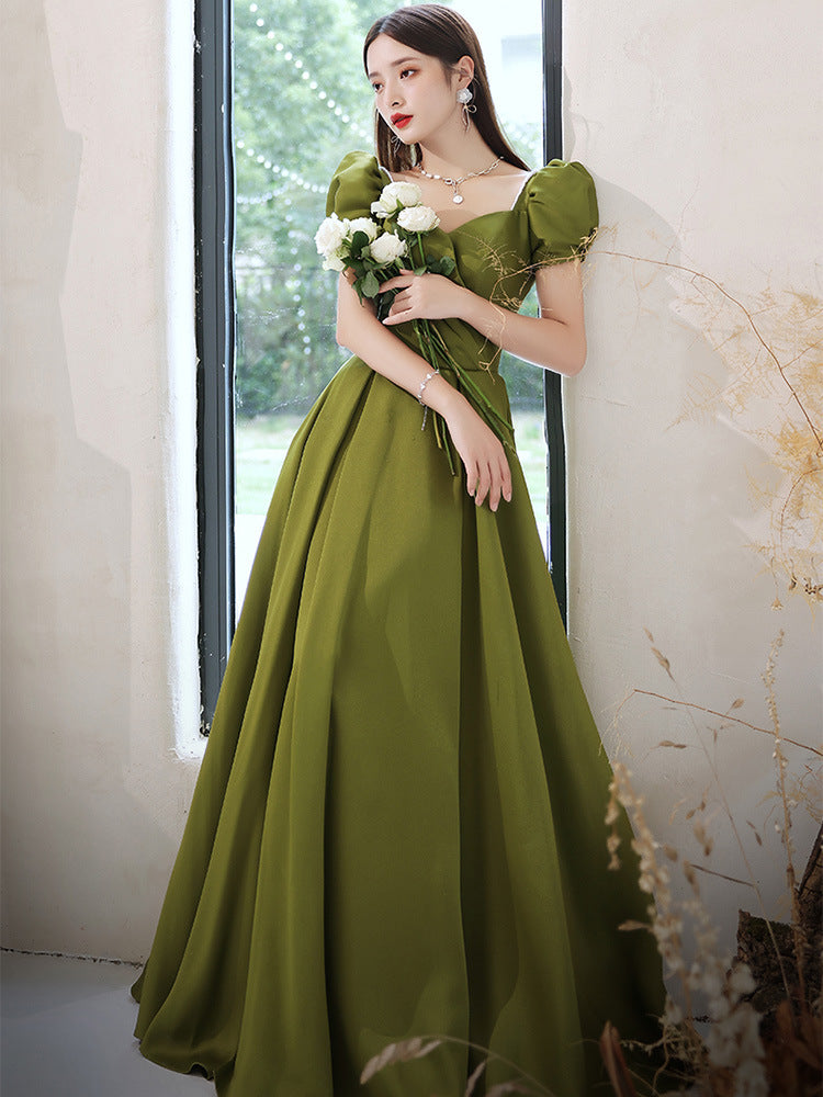 Elegant Green Satin Long Prom Dress with Short Sleeves | A-Line Evening Gown for Homecoming, Wedding Guest & Formal Events 2024