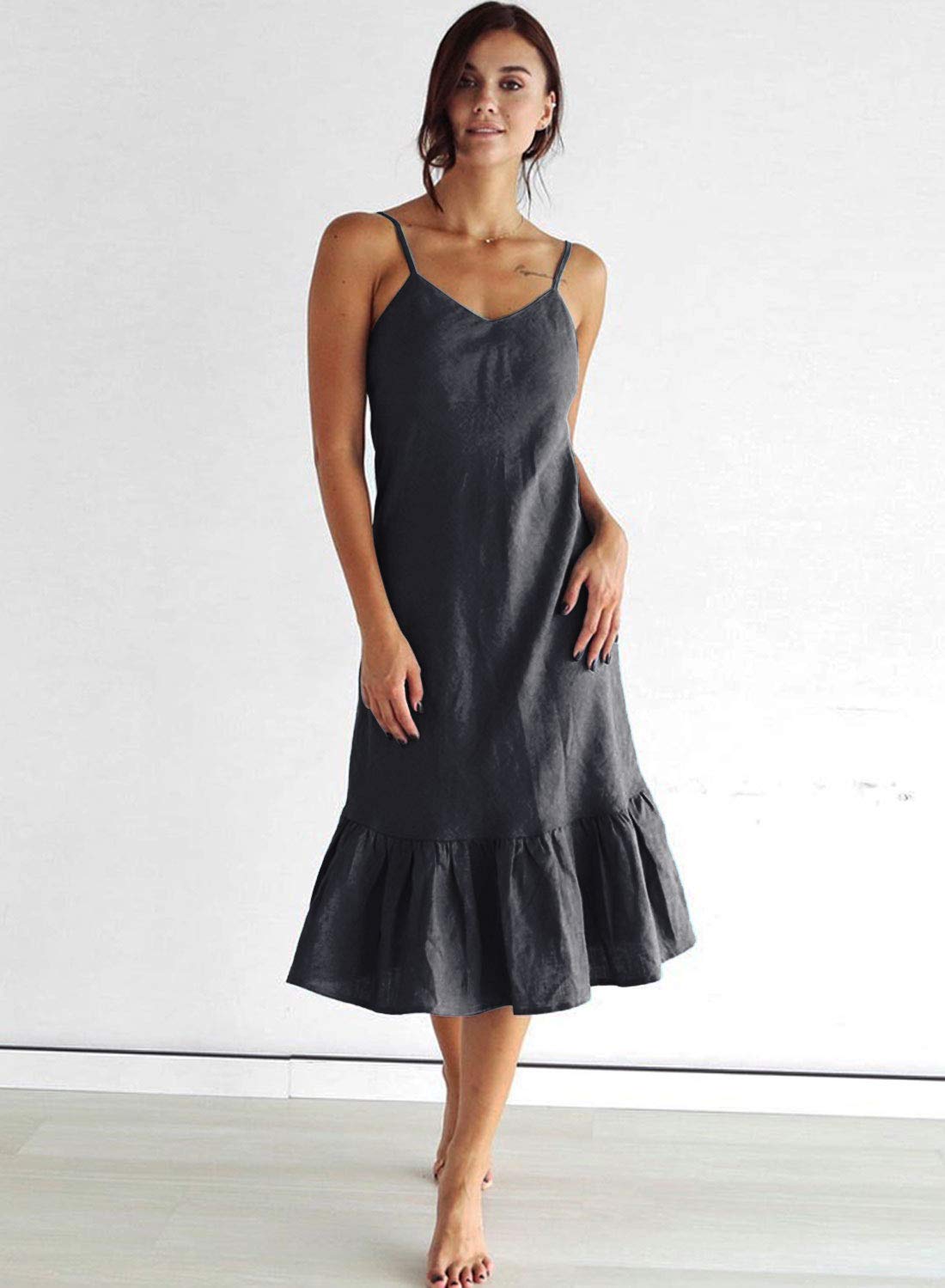 SHENBOLEN Women's Denim Suspender Dress with Ruffle Trim - Casual A-Line Midi Dress Knee Length for Spring Summer Outfits | Perfect for Brunch, Date Night & Office Wear