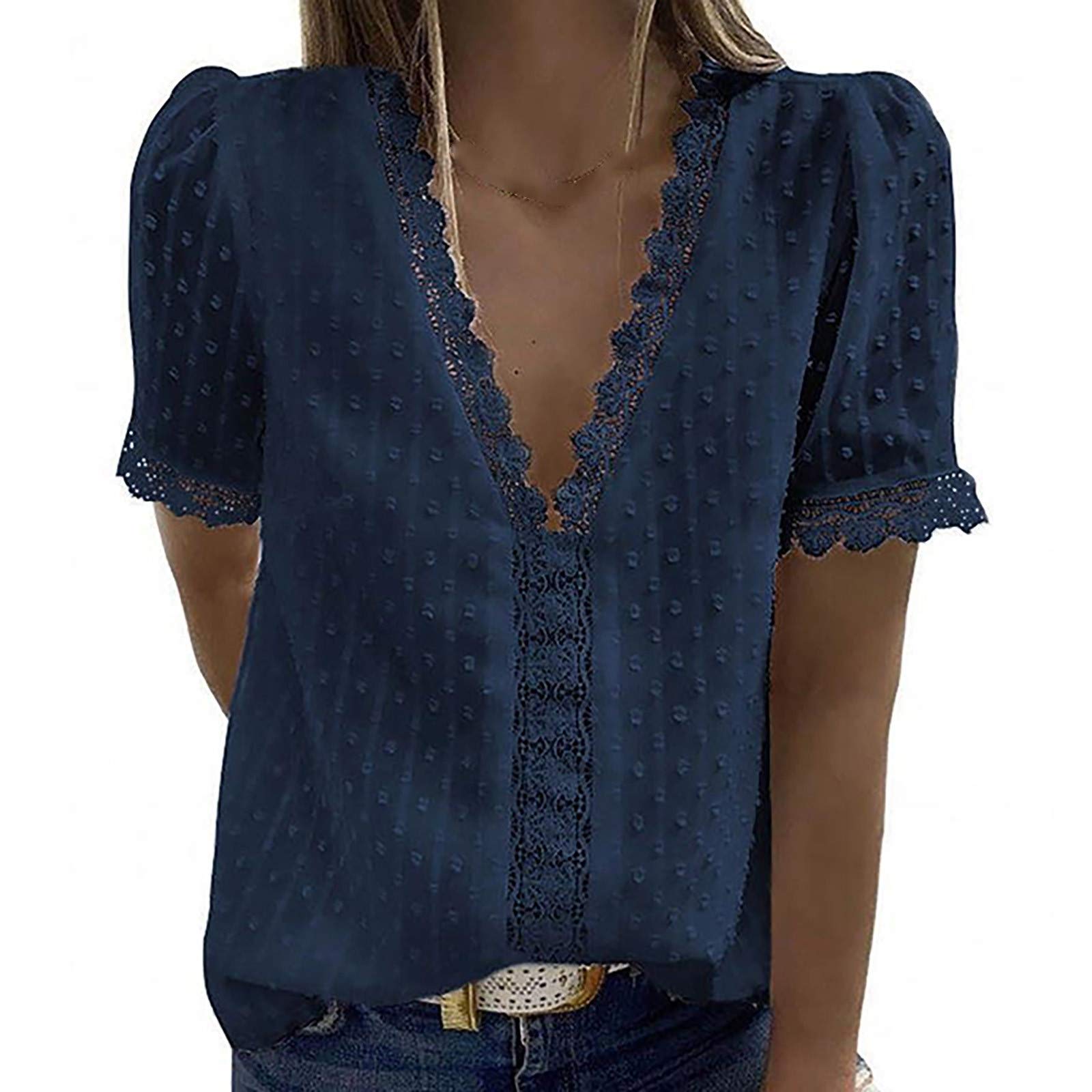 Women's Lace Short Sleeve V-Neck T-Shirt - Breathable Summer Casual Top, Loose Fit Tee for Everyday Wear, Outings & Beach Vacations