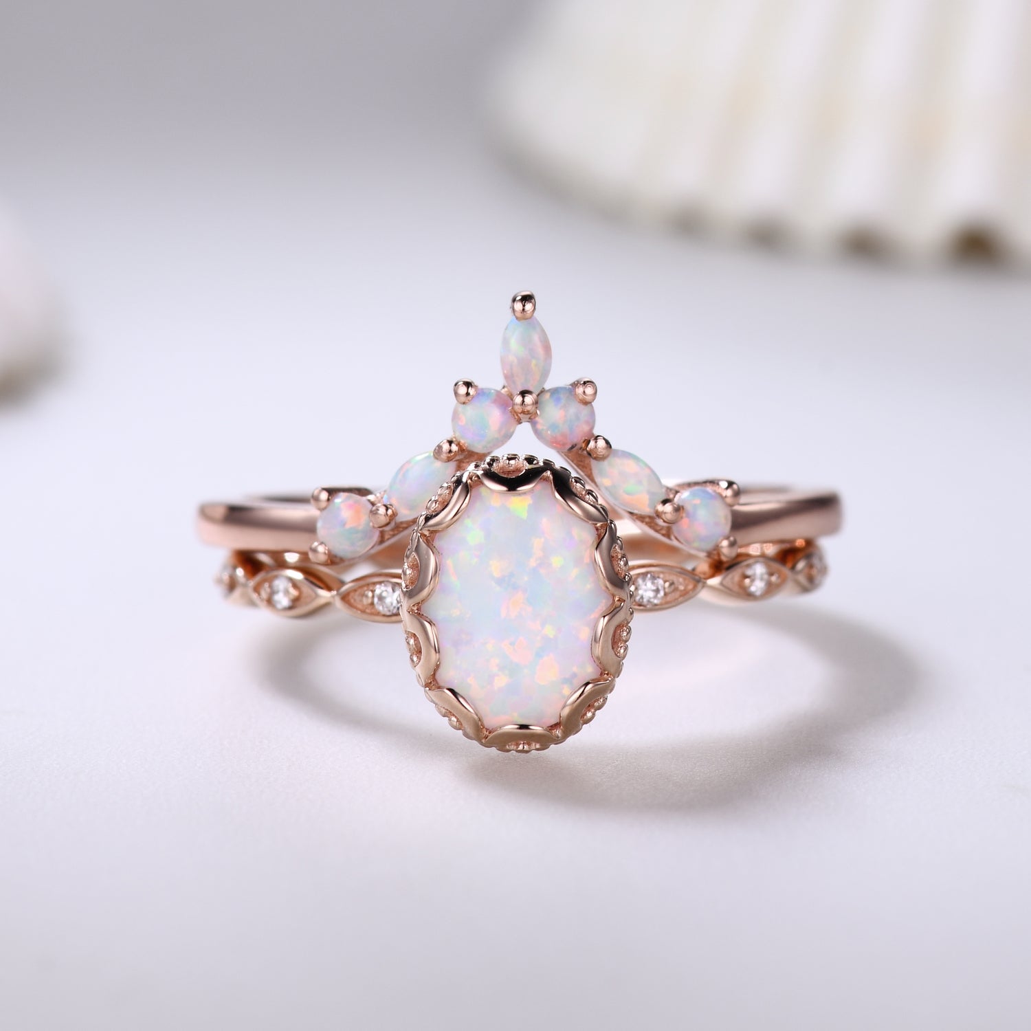 14K Rose Gold Oval Opal and Diamond Bridal Ring Set - Elegant Curved Wedding Band for Women, Perfect Anniversary Gift for Her | Ideal for Engagement, Wedding Ceremony & Romantic Occasions
