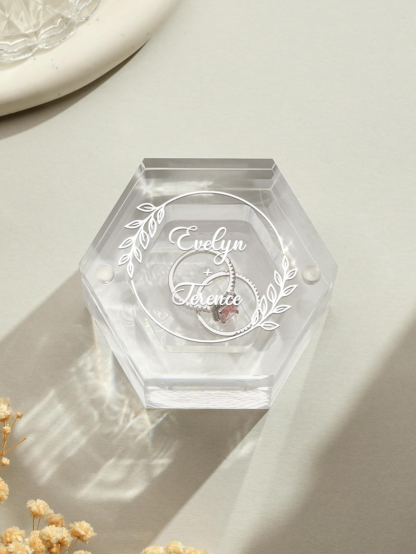 Personalized Clear Hexagon Ring Box with Custom Name & Date - Engraved Wedding Proposal Jewelry Box for Engagement, Anniversary & Special Occasions | Perfect for Ceremonies, Gifts & Keepsakes