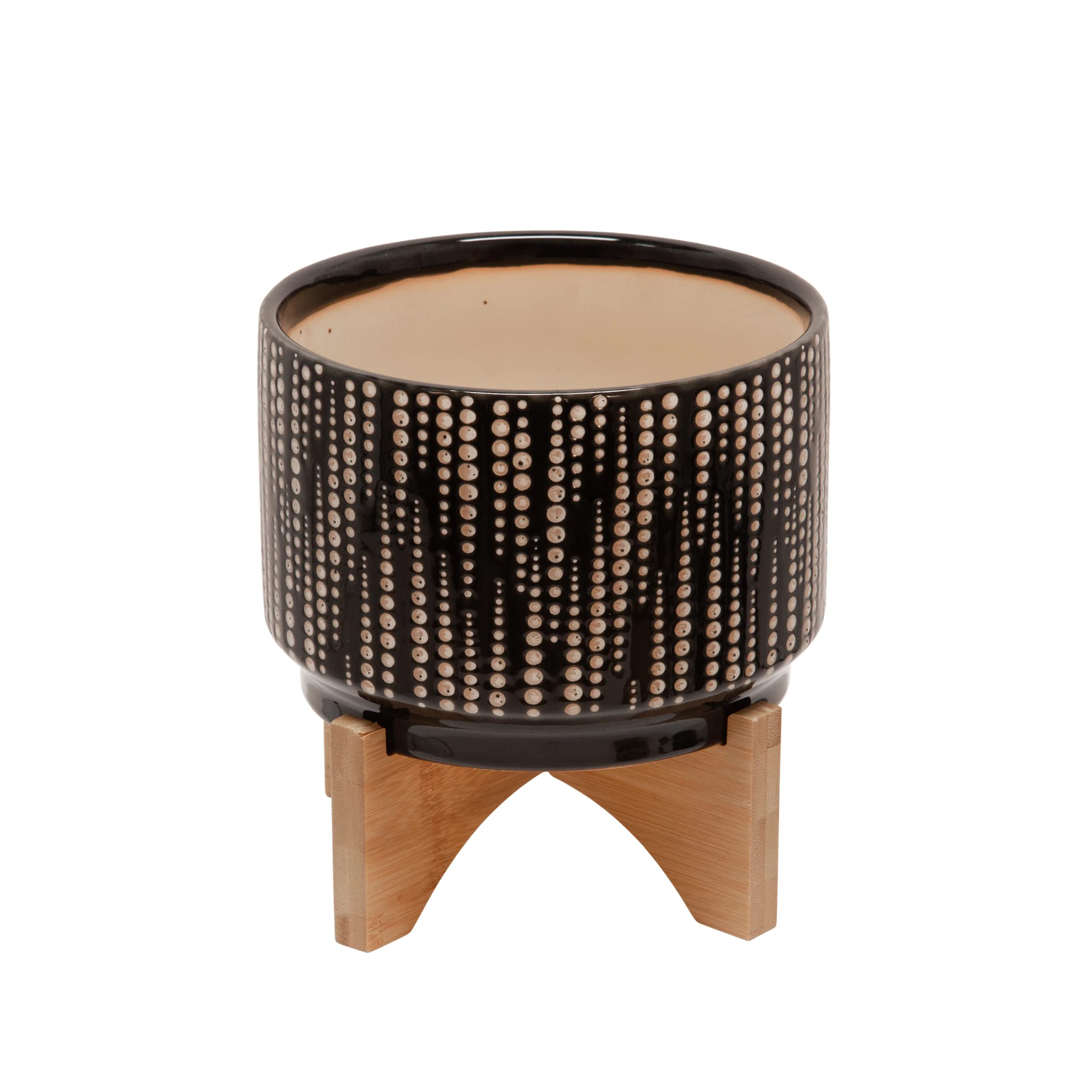 Sagebrook Home 7 Inch Black Dotted Ceramic Planter with Wooden Stand - 7.01 x 7.01 x 4.88 Inches - Modern Indoor Flower Pot for Home Office Decor, Succulent Plants, and Small Houseplants