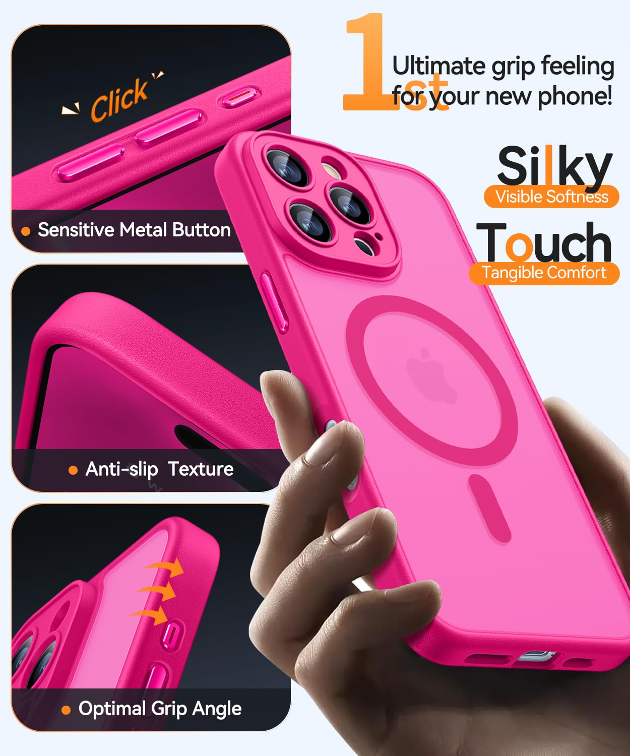 CANSHN Magnetic iPhone 16 Pro Case - Upgraded Full Camera Protection, Magsafe Compatible, Translucent Matte Shockproof Cover | Perfect for Daily Use, Travel & Outdoor Activities (Hot Pink)