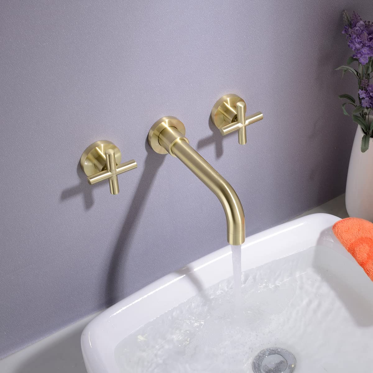 TRUSTMI 2-Handle Wall Mounted Brass Vessel Sink Faucet with Rough-in Valve - Brushed Gold Finish Bathroom Faucet for Vanity & Powder Room | Durable Brass Construction for Modern & Traditional Bathrooms