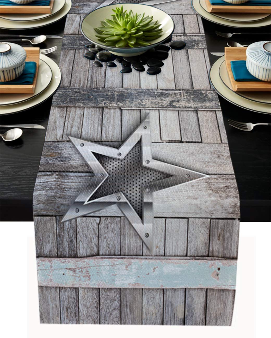 Farmhouse Burlap Table Runner 13x120 Inches - Rustic Pentagram Star Design for Parties, Thanksgiving & Christmas Decor