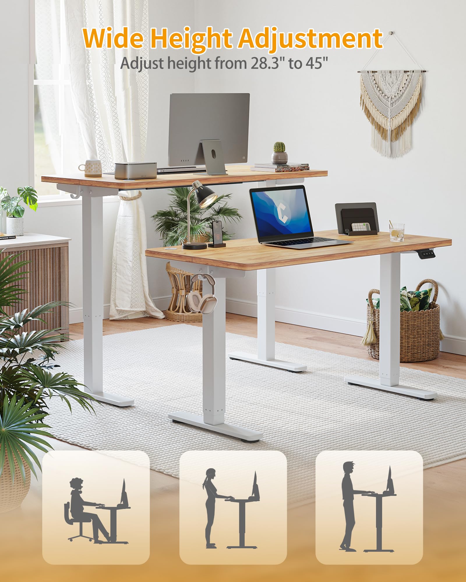 CubiCubi 48 x 24 Inch Electric Height Adjustable Standing Desk - White Frame & Light Rustic Brown Desktop with Splice Board - Ergonomic Sit Stand Workstation for Home Office, Gaming & Study