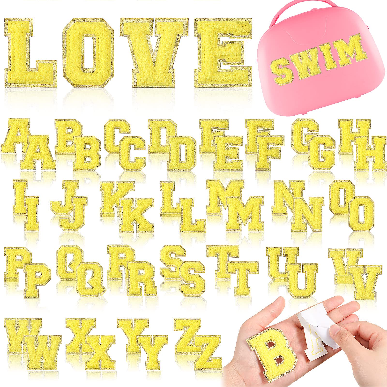 WILLBOND 52 Pcs Self-Adhesive Chenille Letter Patches - Embroidered Iron-On Applique for Backpacks, Clothing, Hats & Bags - Perfect for Easter, Graduation & Birthday Parties (Light Yellow) - DIY Craft & Gift Decorations