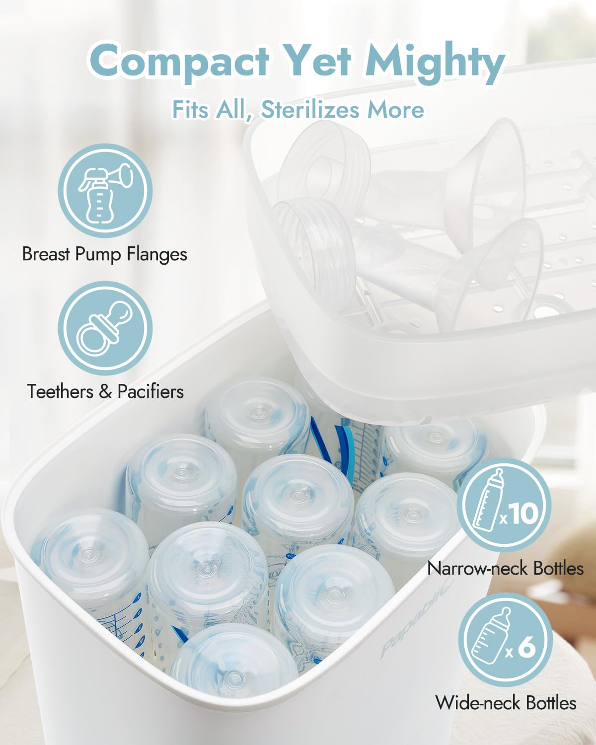 Papablic Baby Bottle Electric Steam Sterilizer and Dryer - 6-in-1 UV Sanitizer for Pacifiers, Breast Pump Parts & Baby Accessories - Perfect for Nursery, Travel & Daycare Use